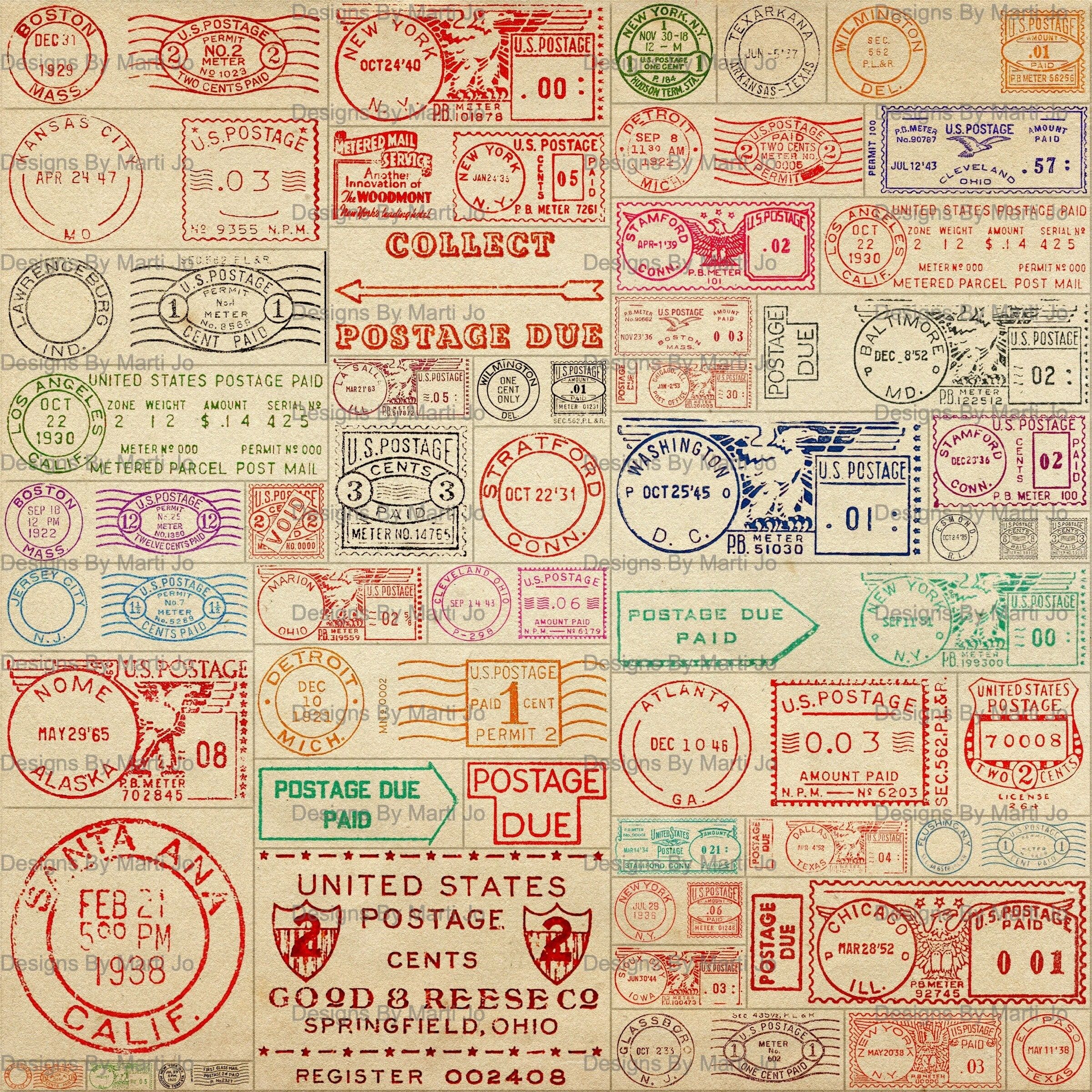 2400x2400 Vintage Postage Meter Stamps Printable Postal Meter Pngs. BONUS: Two 8.5 X 11 Pngs of All Image (5x5)