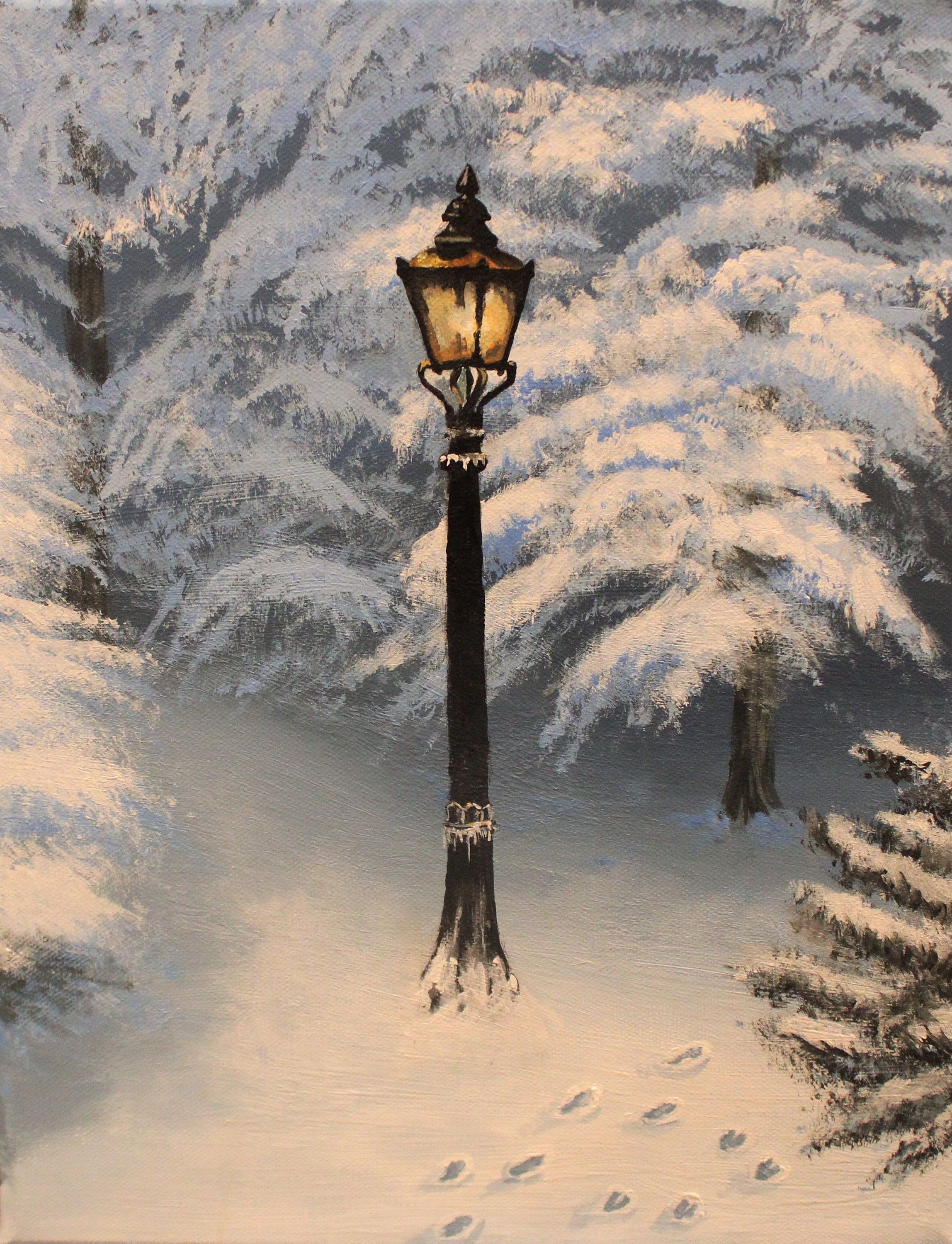 2296x3000 Lamp Post Winter Art Print, Narnia Wall Art, Snow Wall Decor, Snowy Foot Steps, Chronicles Of, Art Print of Acrylic Painting