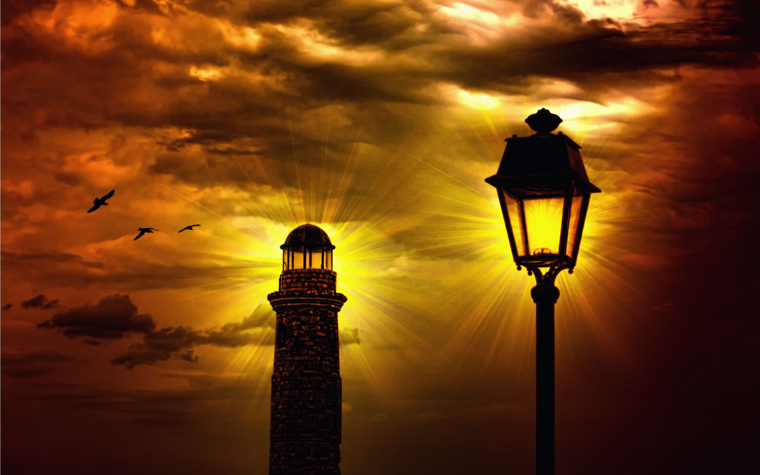 2560x1600 Phone wallpaper: Lighthouse, Street Light, Sunset, Man Made, Lamp Post, Sky 212188