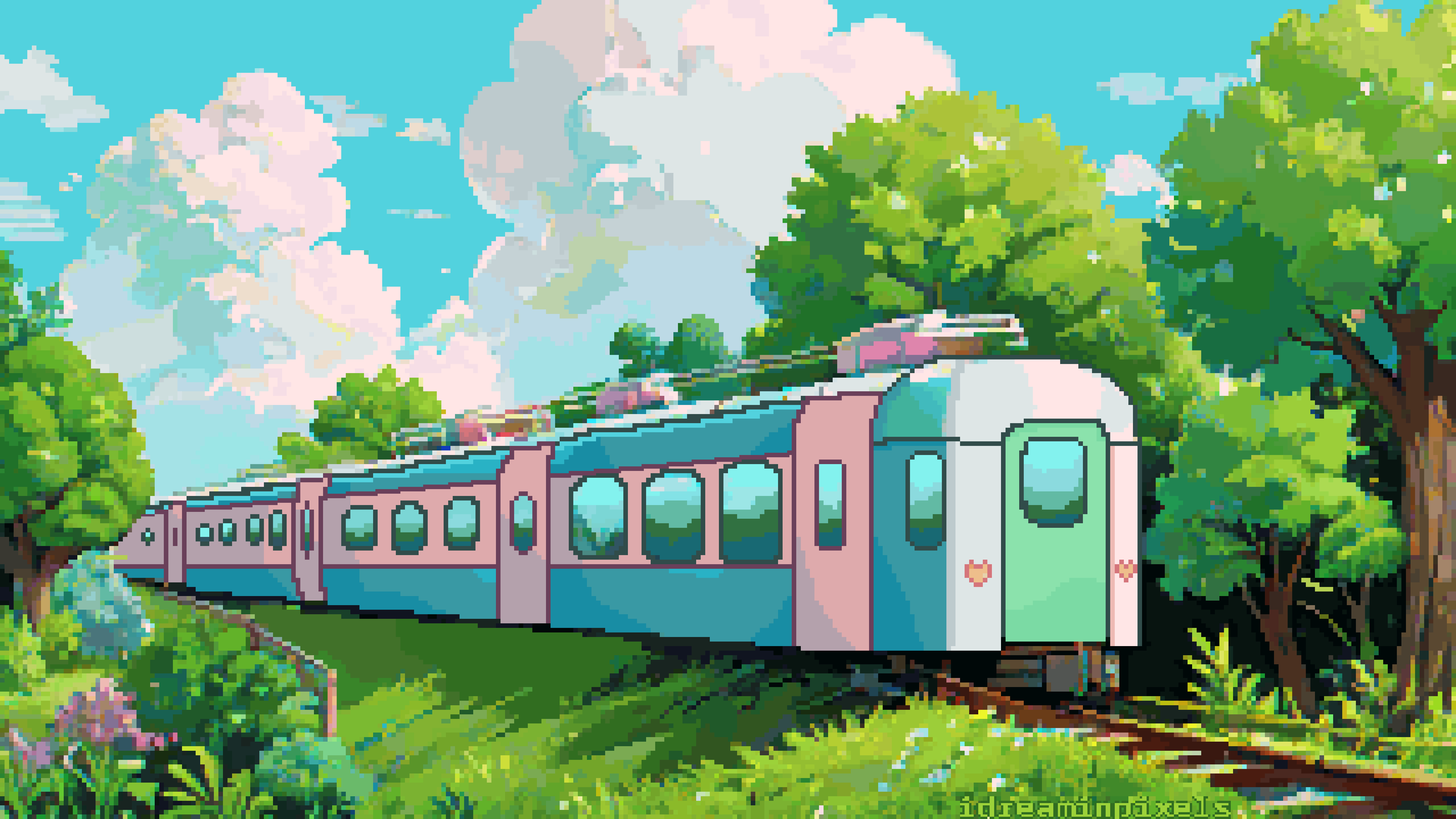 5120x2880 Whispers of Travel: The Pastel Train in the Pixel Embrace [5120x2880] (animated and non animated in comments)