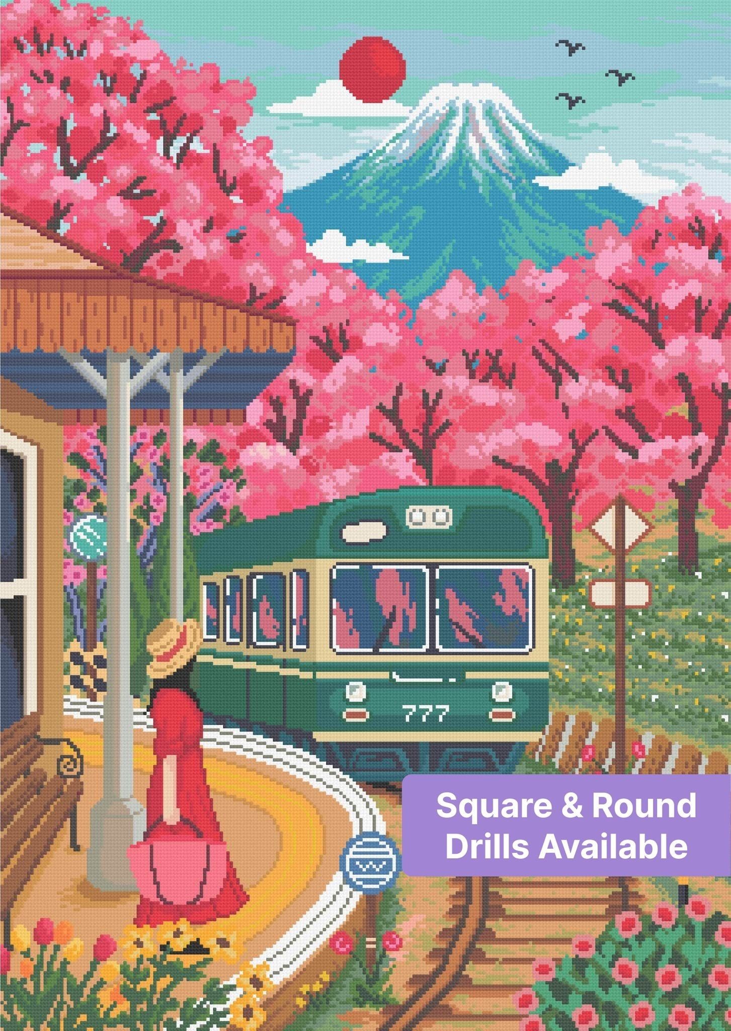 1453x2048 Japanese Cherry Blossom Train Landscape Diamond Painting Kit