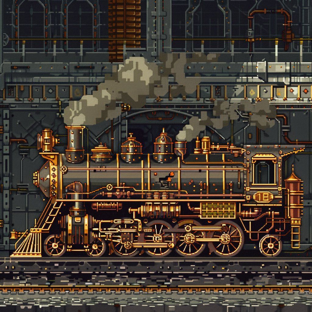 1024x1024 Explore Steampunk Pixel Art Depicting A Victorian Era Street Scene With Clockwork Automatons, Steam Powered Vehicles, And Gentlemen In Pixel Art