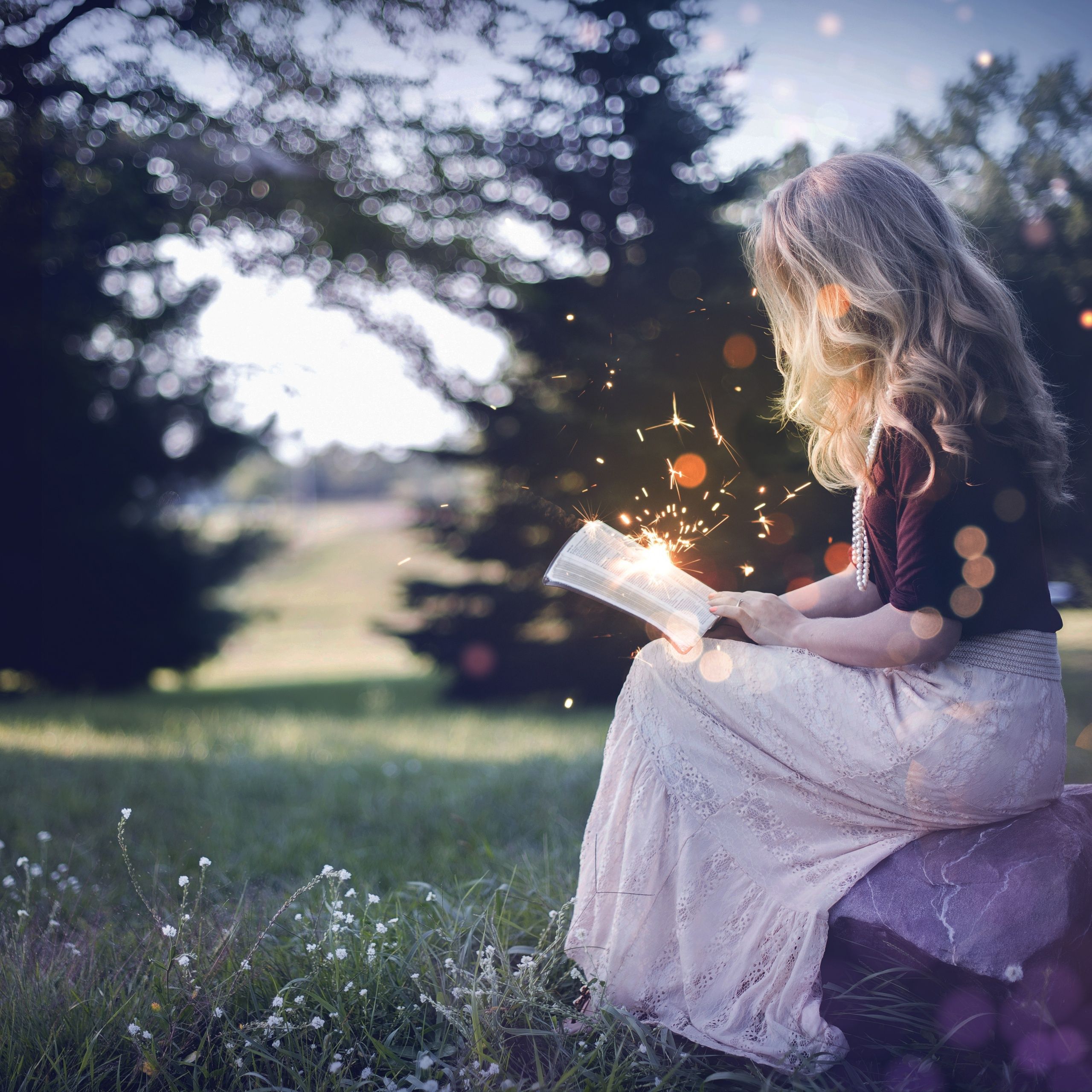 2560x2560 Girl Wallpaper 4K, Magical, Reading book, y