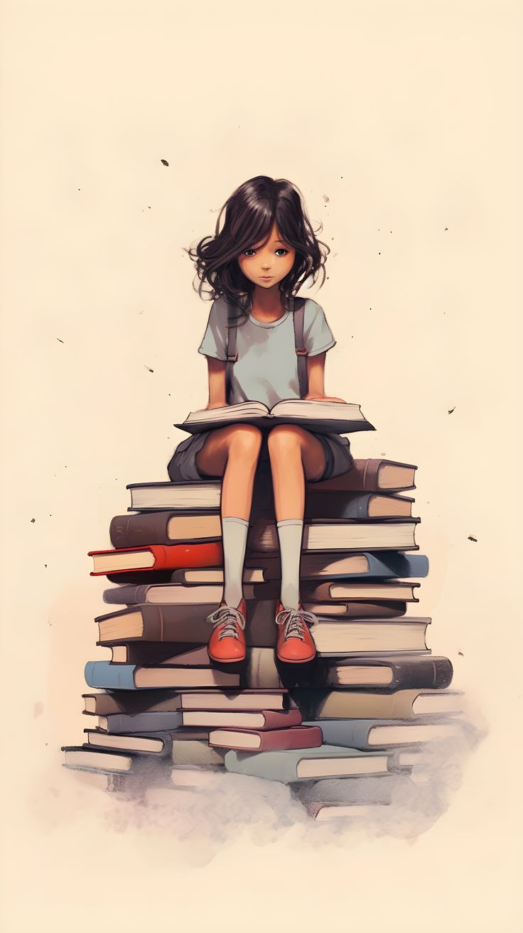 736x1313 Minimalist Girl Reading on a Pile of Books