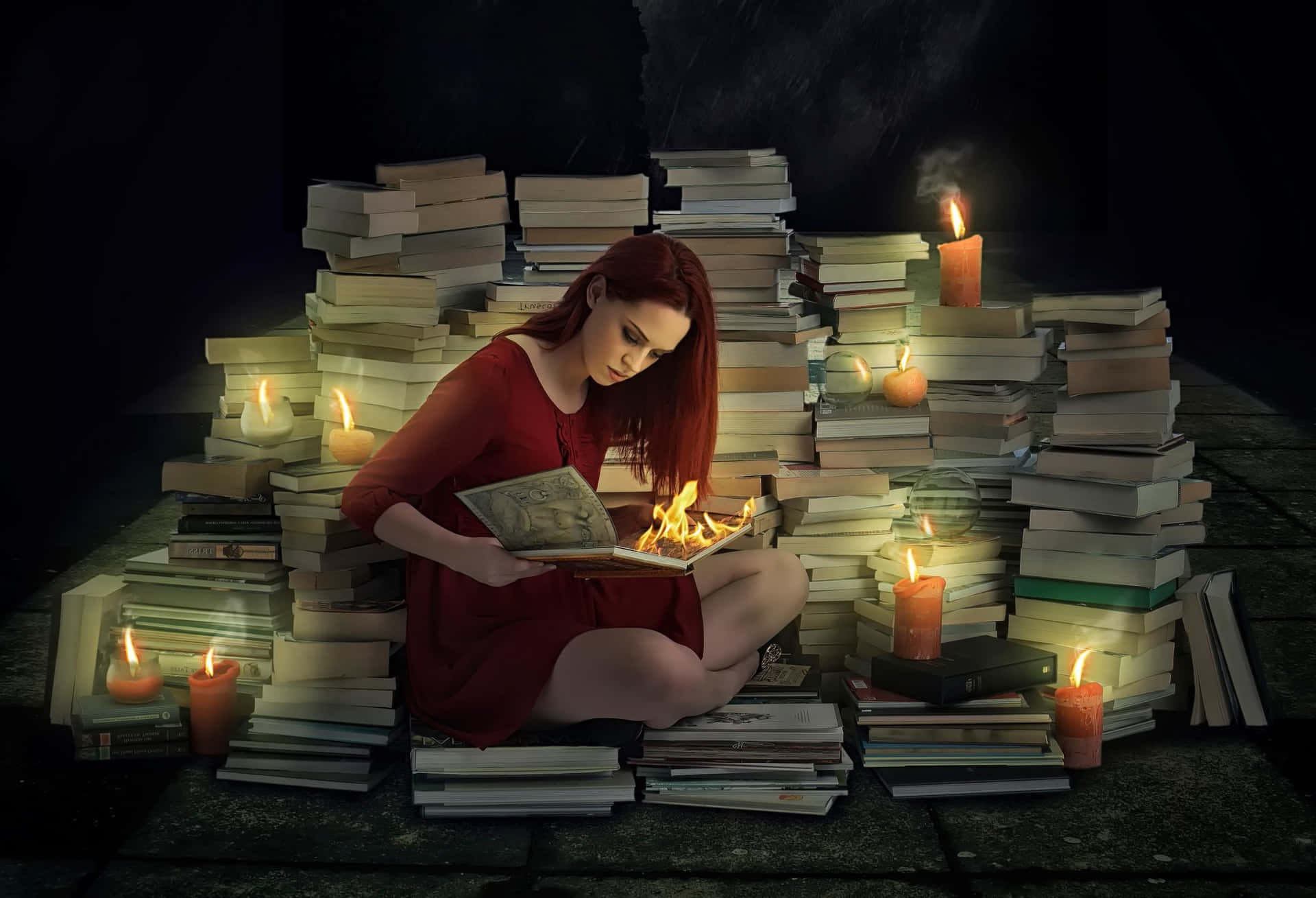 1920x1309 Download A Girl Sitting On A Pile Of Books With Candles