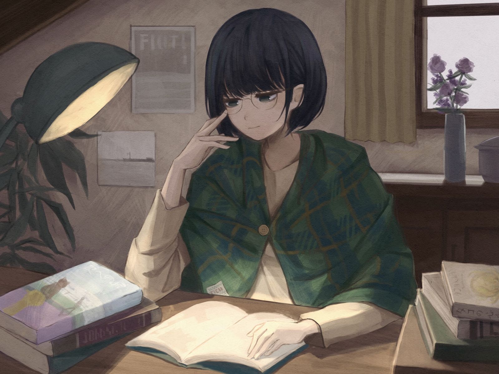 1600x1200 Download wallpaper 1600x1200 girl, glasses, books, reading, anime, art standard 4:3 HD background