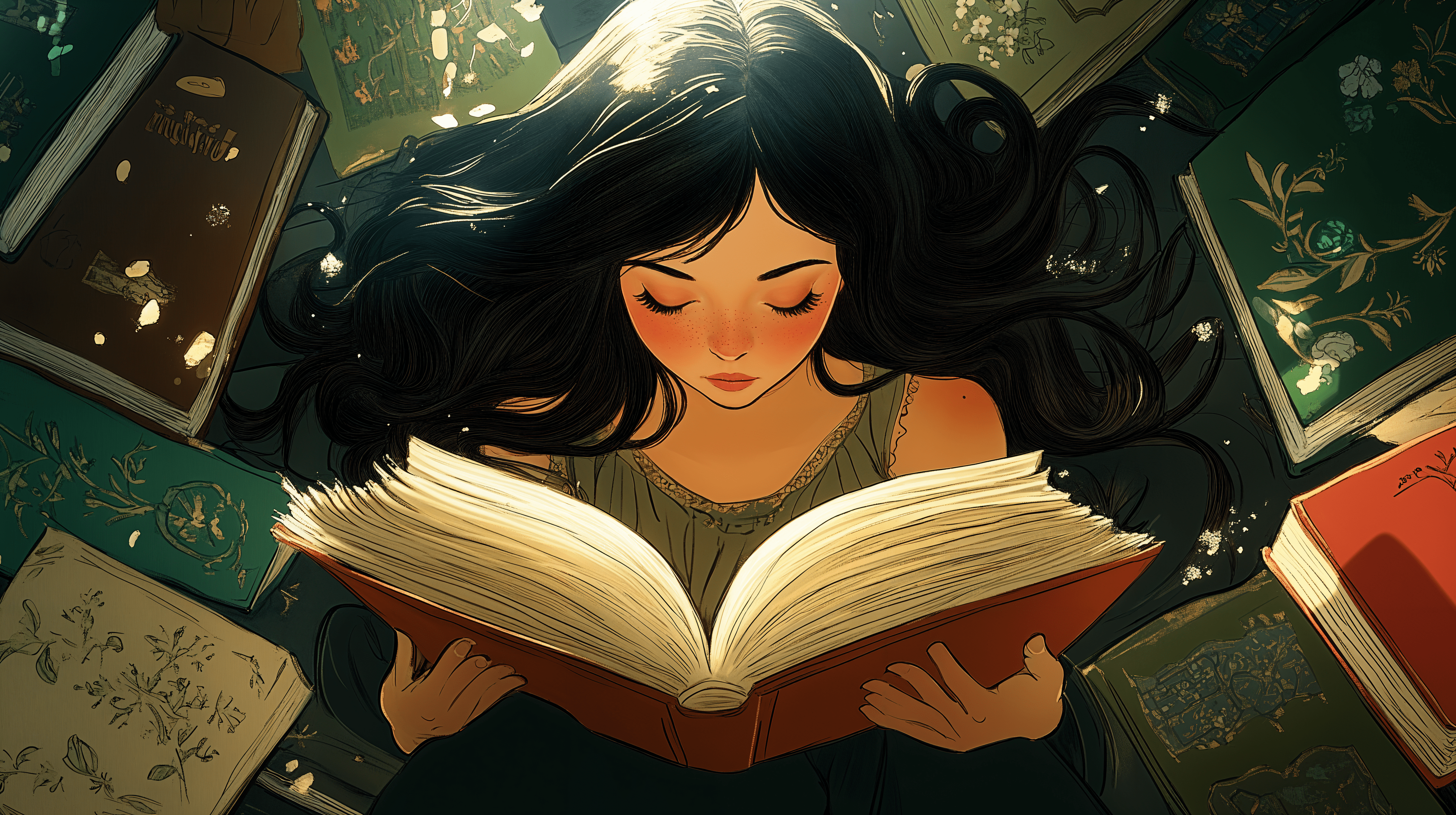 4072x2280 Enchanting Reading: A 4K Ultra HD Wallpaper of a Woman Lost in Books