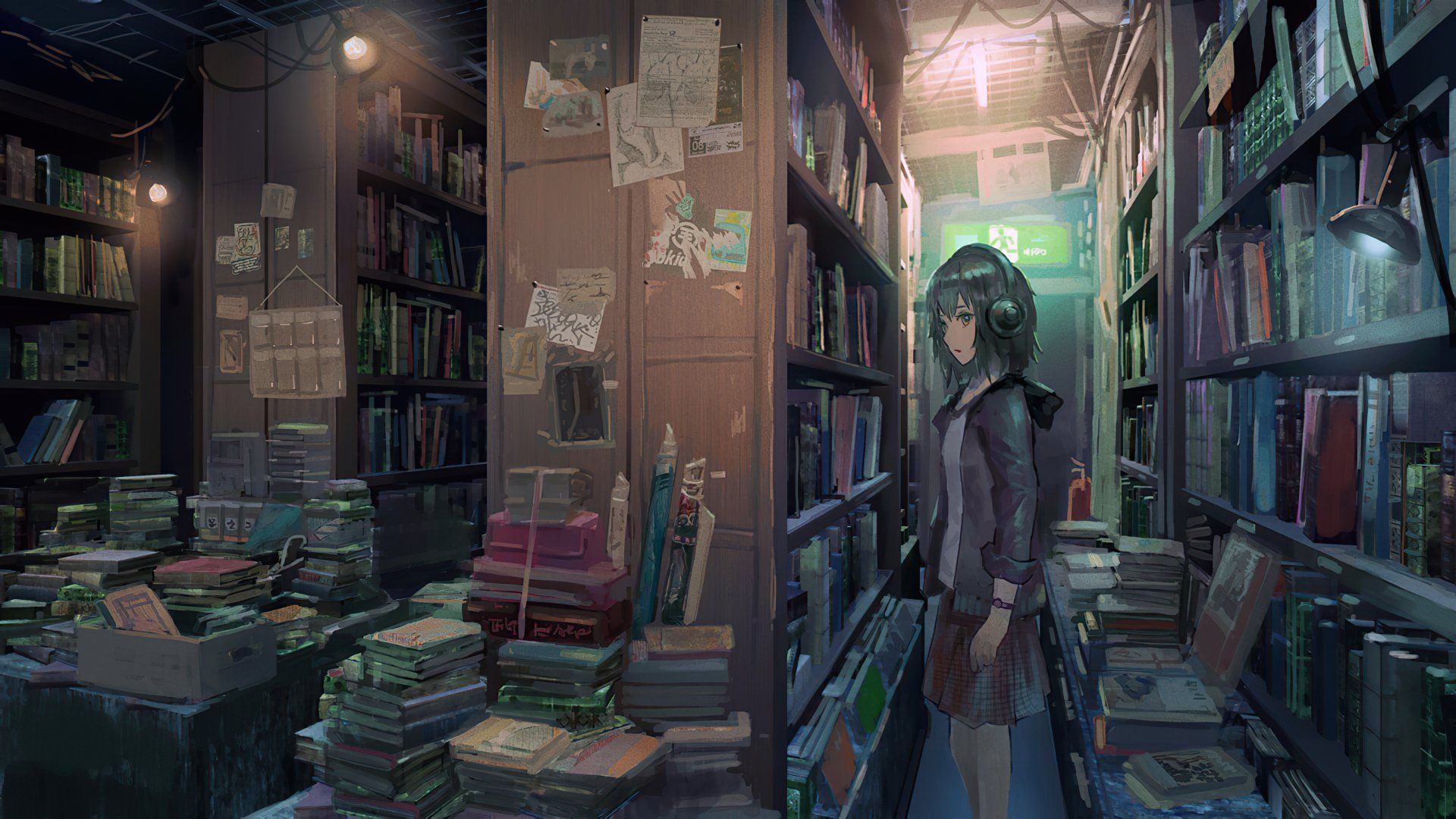 1920x1080 Silent Study: Anime Girl with Headphones in a Dimly Lit Library by 電鬼x2025