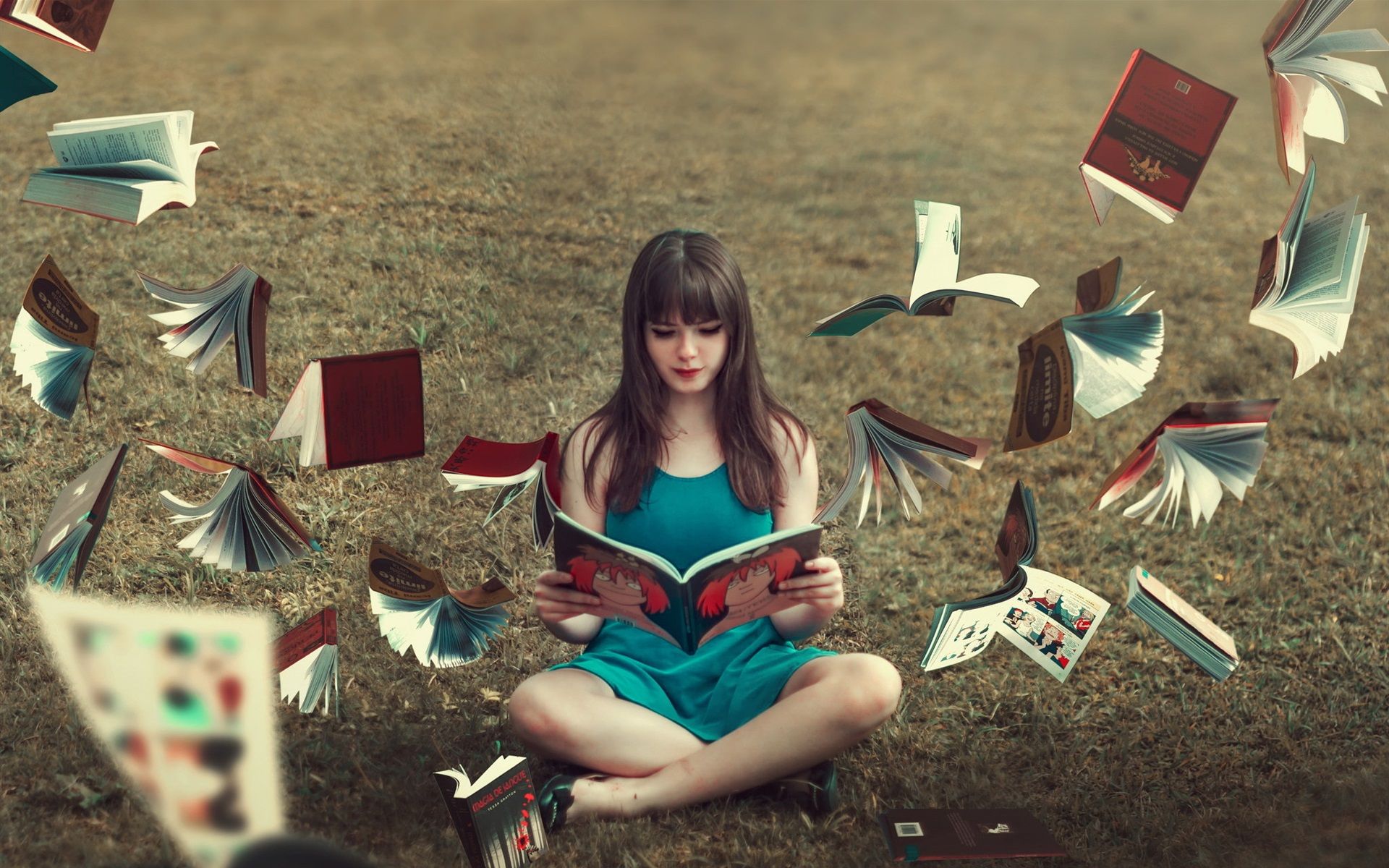 1920x1200 Wallpaper Blue skirt girl read book, books flying 1920x1200 Picture, Image