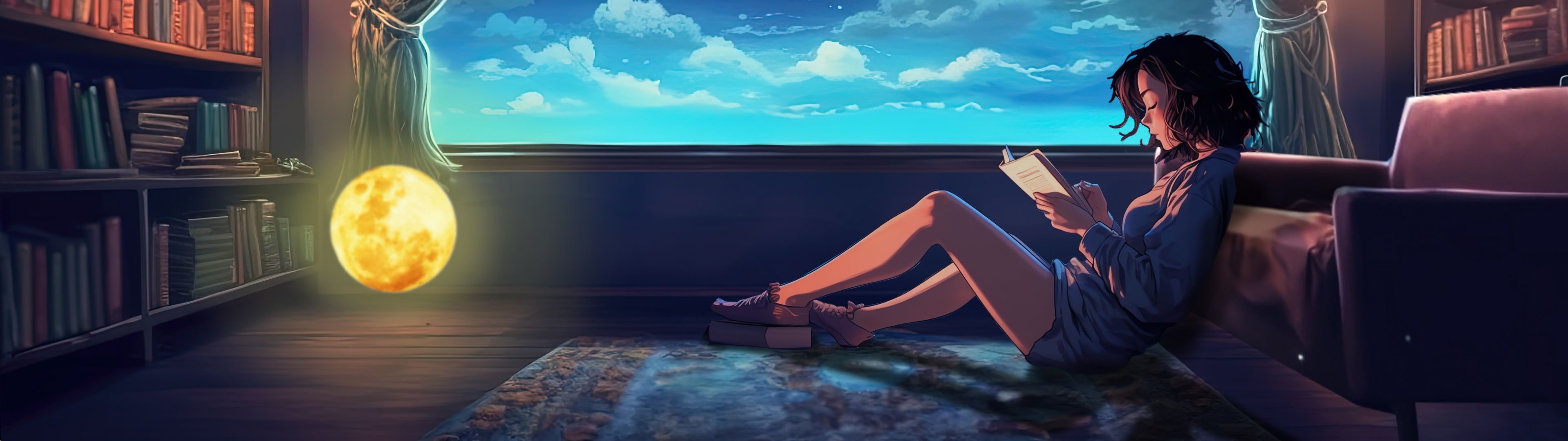 3840x1080 Lofi girl Wallpaper 4K, Reading book, Surreal, Room, Cozy
