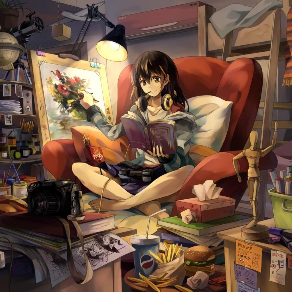 1024x1024 Room Girl Graphic Hand Headphones Easel Shape Books Food Camera Lamp Chair Decor iPad Wallpaper Free Download