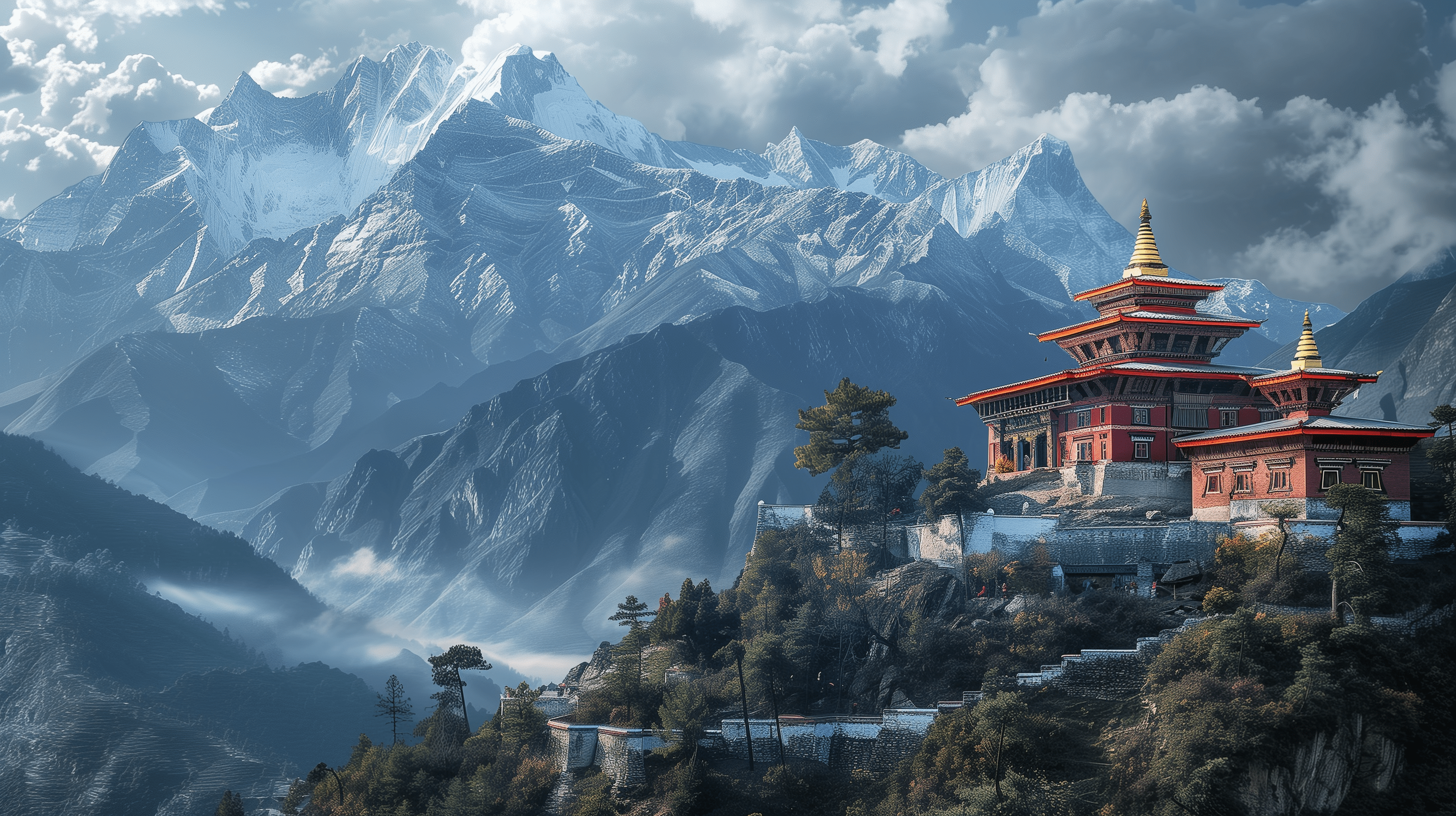 2912x1632 Majestic Mountain Sanctuary: HD Buddhist Temple Vista
