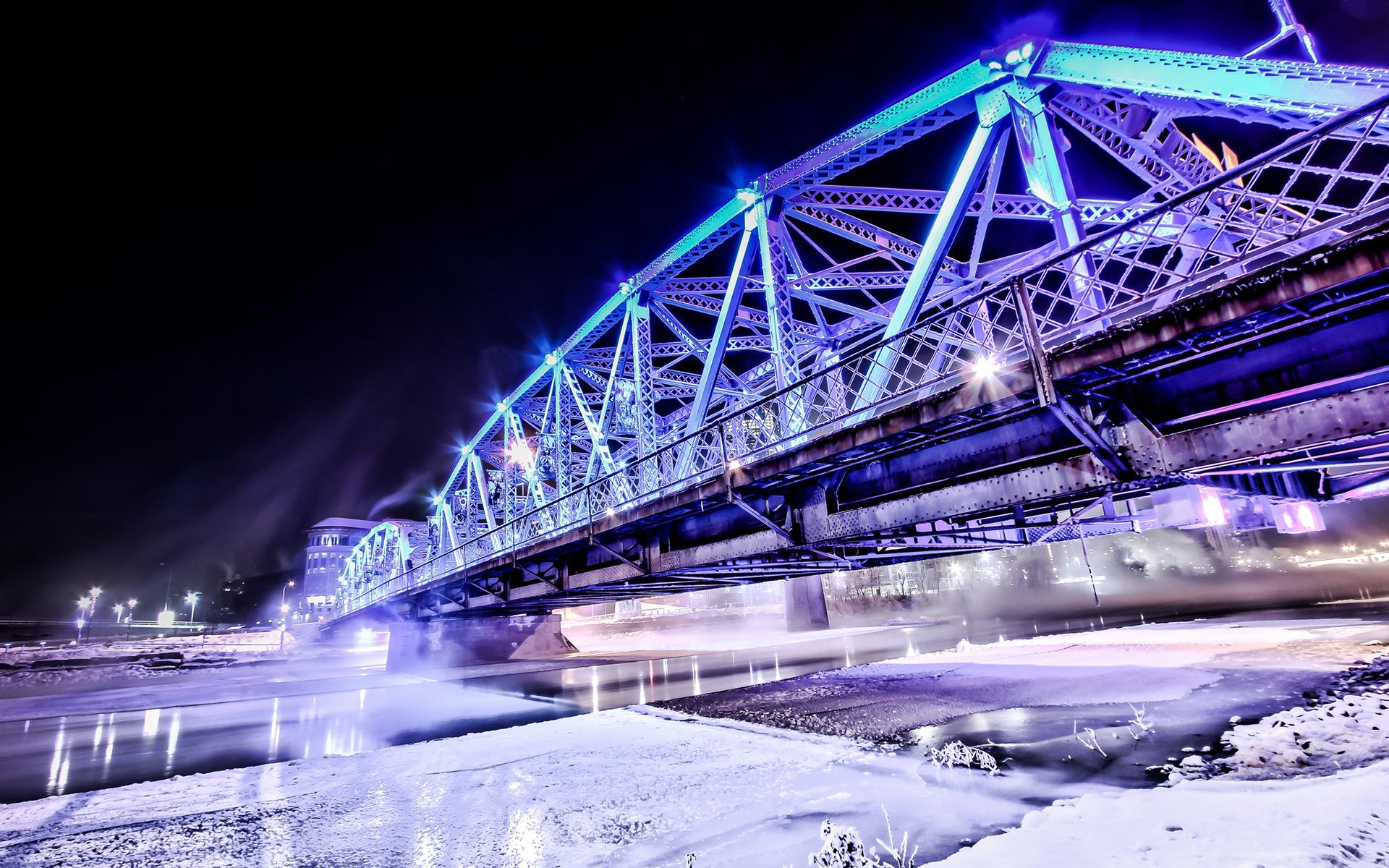 1920x1200 world, Architecture, Steel, Metal, Bridges, Roads, Structure, Lights, Purple, Blue, Night, Bright, Contrast, Rivers, Canal, Water, Winter, Snow, Cold, Seasons, Ice, Freezing Wallpaper HD / Desktop and Mobile Background