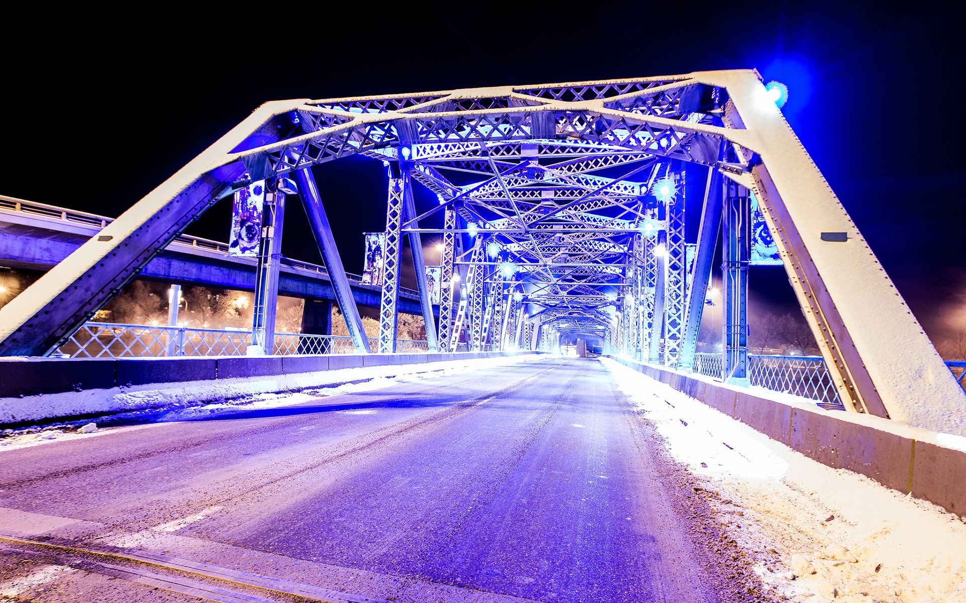 1920x1200 world, Roads, Architecture, Structure, Bridges, Steel, Metal, Night, Lights, Purple, Winter, Snow, Seasons Wallpaper HD / Desktop and Mobile Background