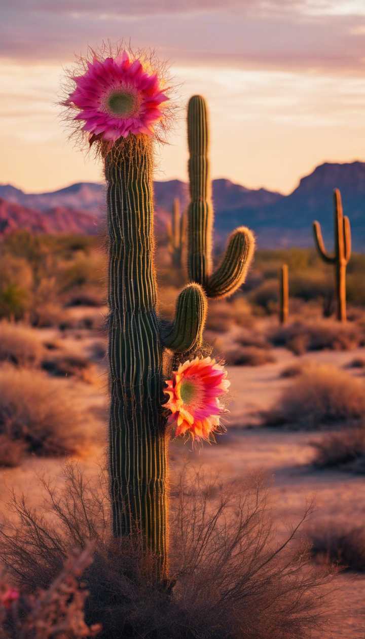 720x1260 A vibrant desert at sunset, with a large, blooming saguaro cactus in the foreground. Wallpaper [e246f0a8c8ec4e108604]