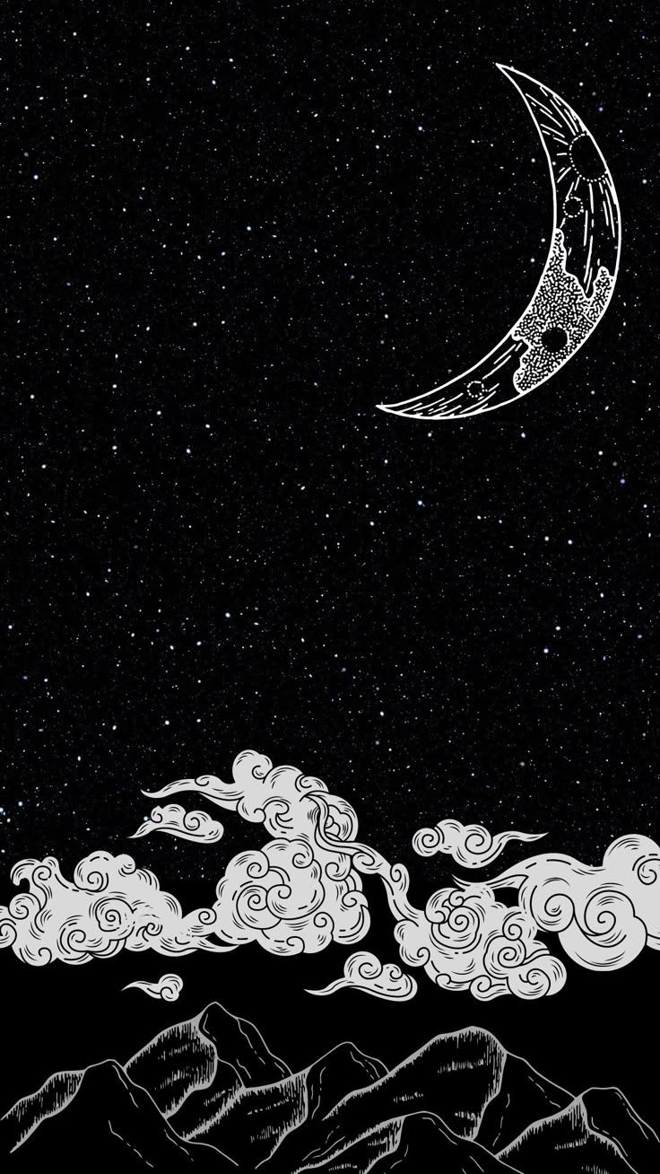 736x1308 Magical Crescent Moon Wall Art. Blanco y negro, Doodle sanatı, Birini