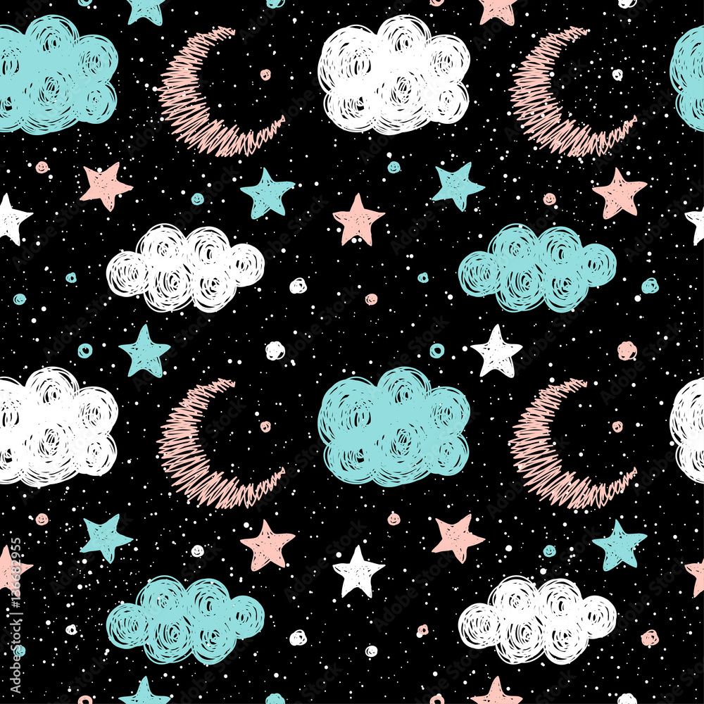 1000x1000 Doodle Good Night Seamless Pattern. Stars, Moon And Clouds. Abstract Pattern For Card, Wallpaper, Album, Scrapbook, Holiday Wrapping Paper, Textile Fabric, Garment, T Shirt Design Etc. Stock Vektor