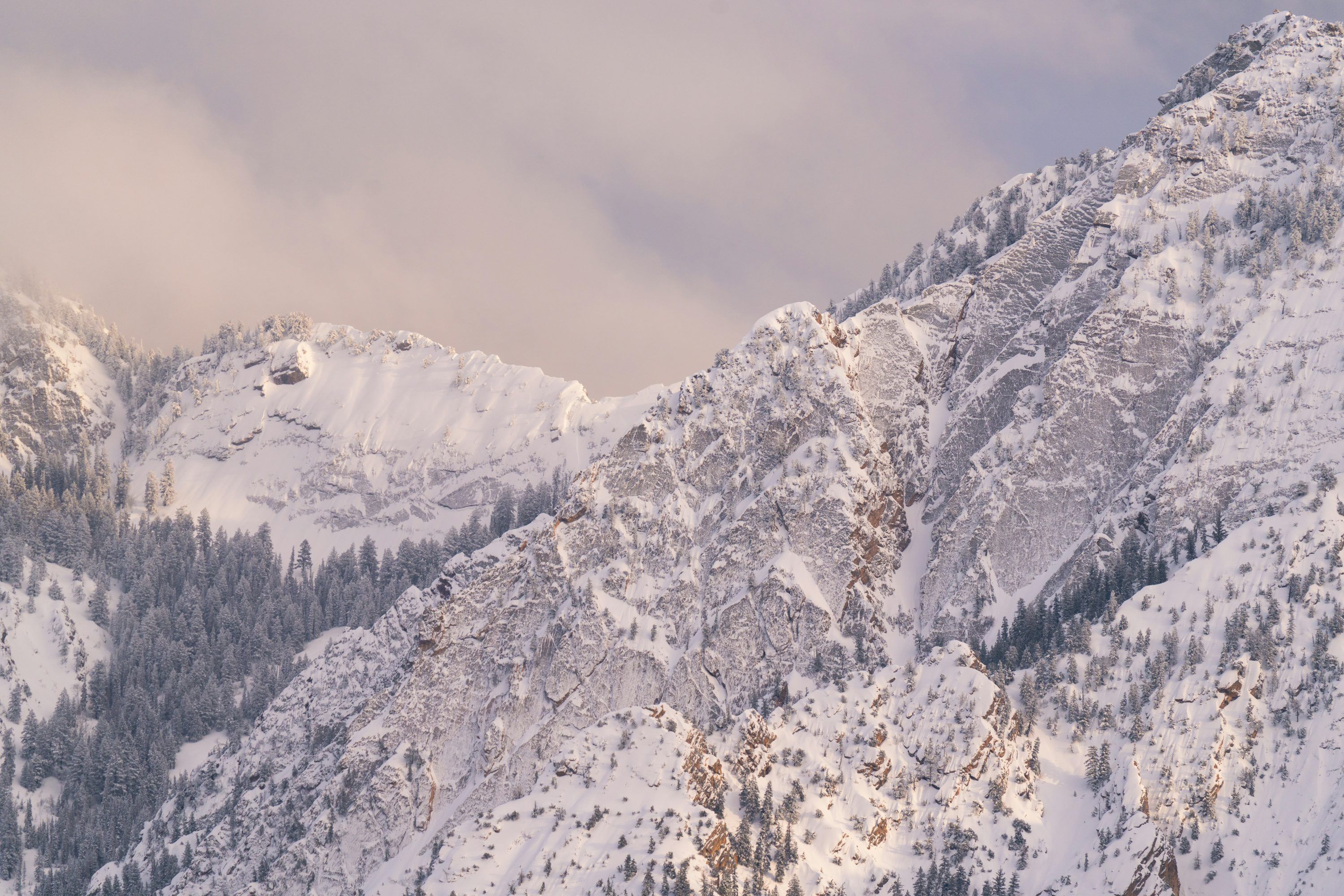 3000x2000 Snow Covered Mountains With Hints Of Fog. Photo