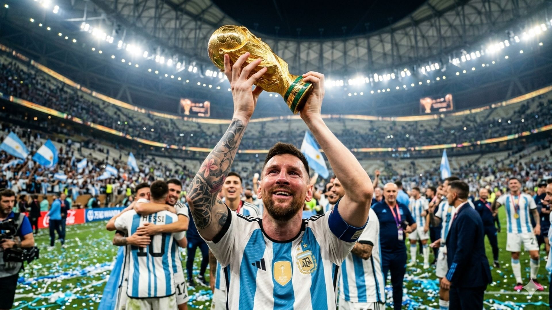 1920x1080 collage of Lionel Messi career moments Barcelona era Argentina World Cup win Inter Miami kit HD Messi Wallpaper