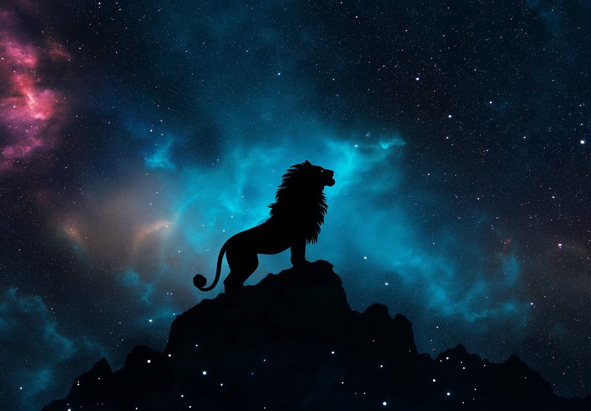 1200x834 Leo Lion Mural Wallpaper for a study room or a master bedroom. Blue Cosmic, Black Silhouette