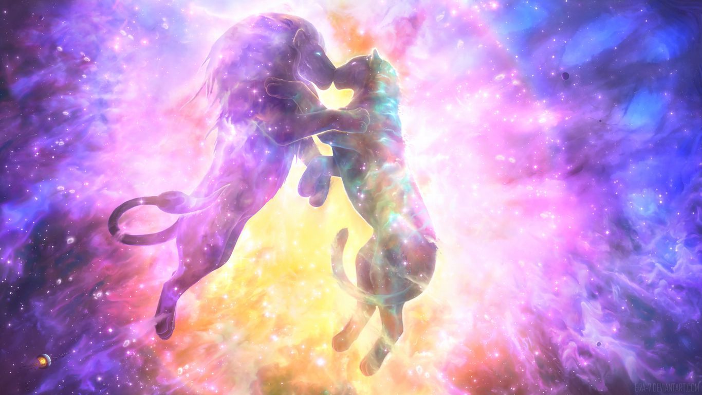 1366x768 Download wallpaper 1366x768 lion, lioness, kiss, silhouettes, space, starry sky tablet, laptop HD background