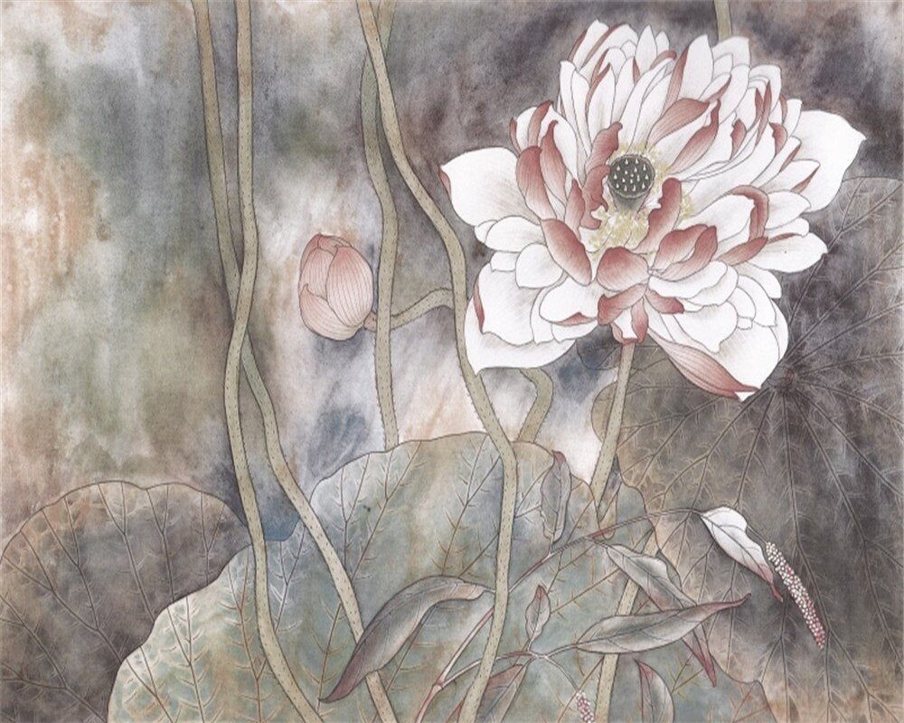 1000x800 Custom Wallpaper Mural Retro Flamboyant Lotus and Leaves