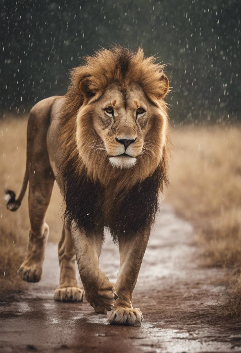 832x1216 A lion walking majestically across the savannah during a torrential rain. Wallpaper [e4e14e92d13847f4bcc9]