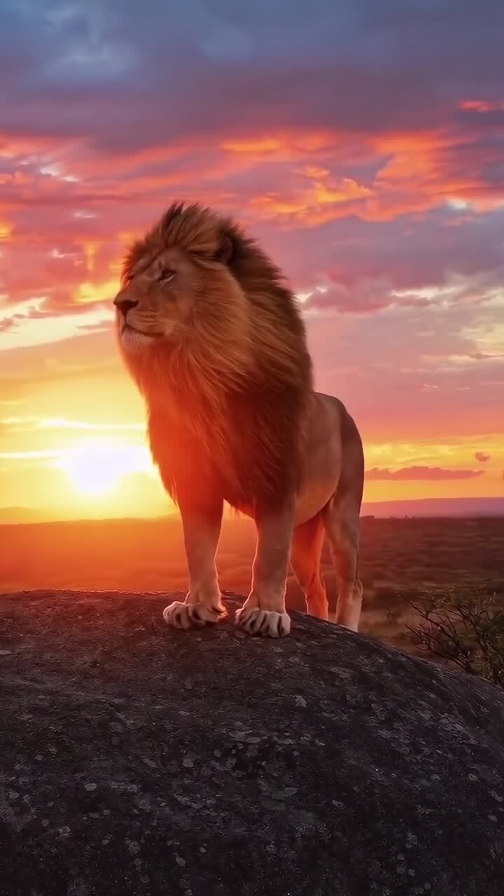 720x1280 Majestic lion on a rock at sunset, captured from a low angle. Perfect for a wildlife video. Live