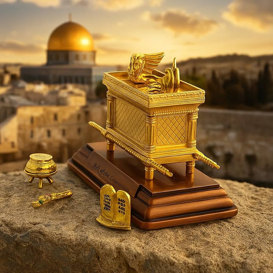 894x894 ARCHES USA Mini Ark of The Covenant Gold Plated Figurine.3 Table Replica of Sacred Chest with Aaron's Rod, Manna & Ten Commandments Religious Decor : Home & Kitchen