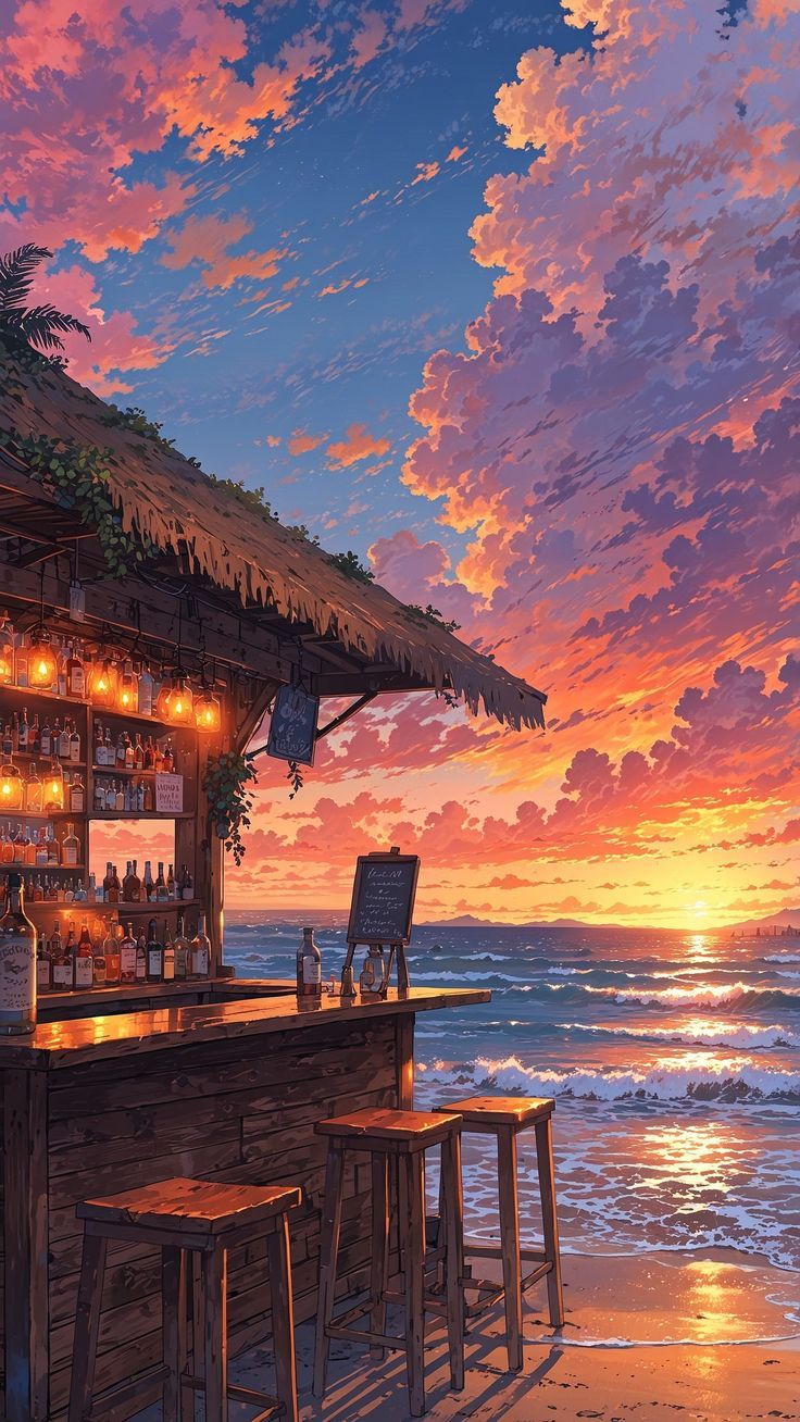 736x1308 Summer lofi wallpaper. Lofi aesthetic beach, Anime sunset cityscape with coffee, Beach bar