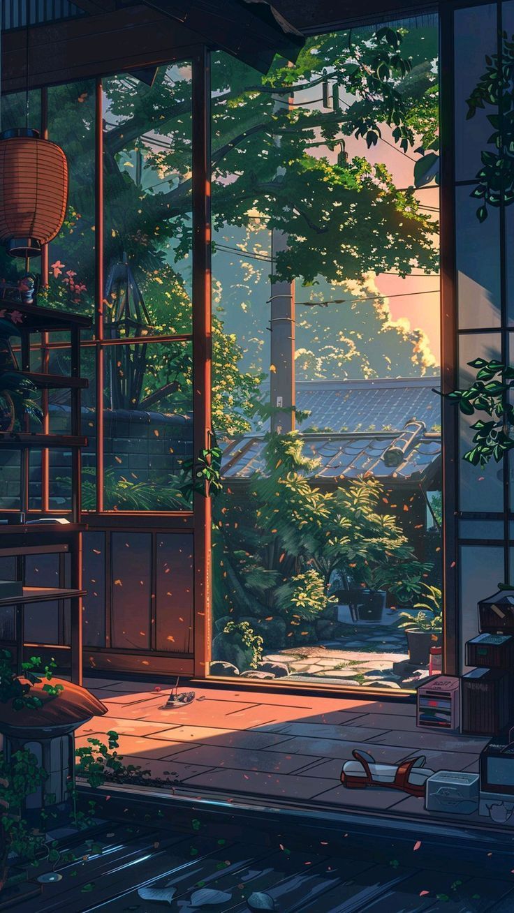 736x1308 Anime Scene with Sunlight through Trees. Time changing wallpaper, Cozy japanese wallpaper, Japanese lofi background