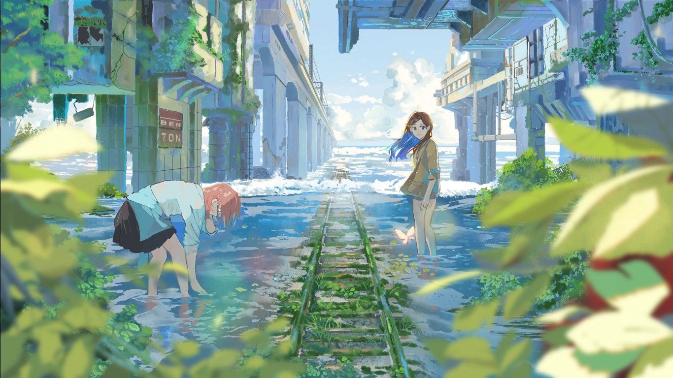 1366x768 Anime Girls Rail Track Water Buildings 4K HD Anime Girl Wallpaper