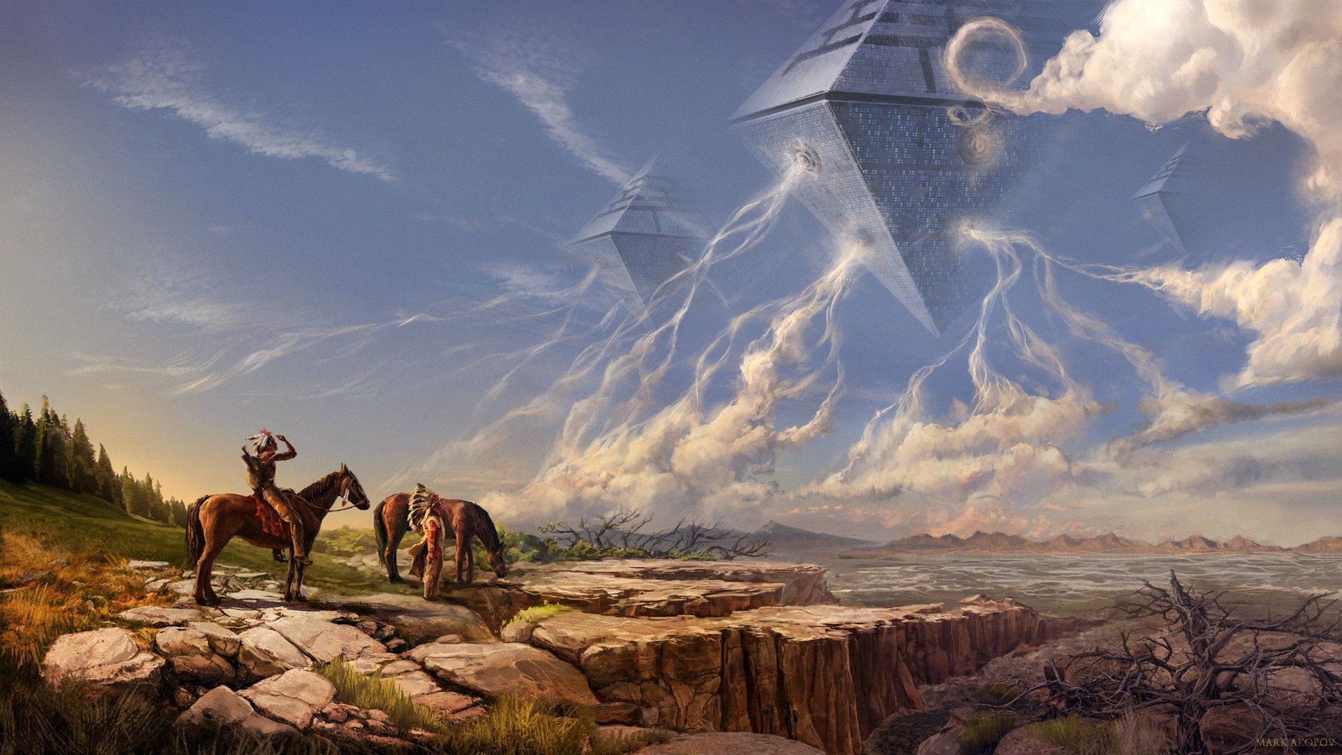 1920x1080 Wallpaper Fantasy, Nature, Science Fiction, Sci Fi, Men, Horse, Artist, Spaceships For Mobile And Desktop, Section фантастика, Resolution 1920x1080