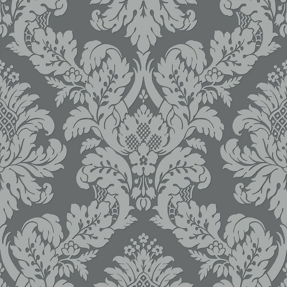 1200x1200 Glitter Damask Wallpaper Grey / Silver Pear Tree UK10435
