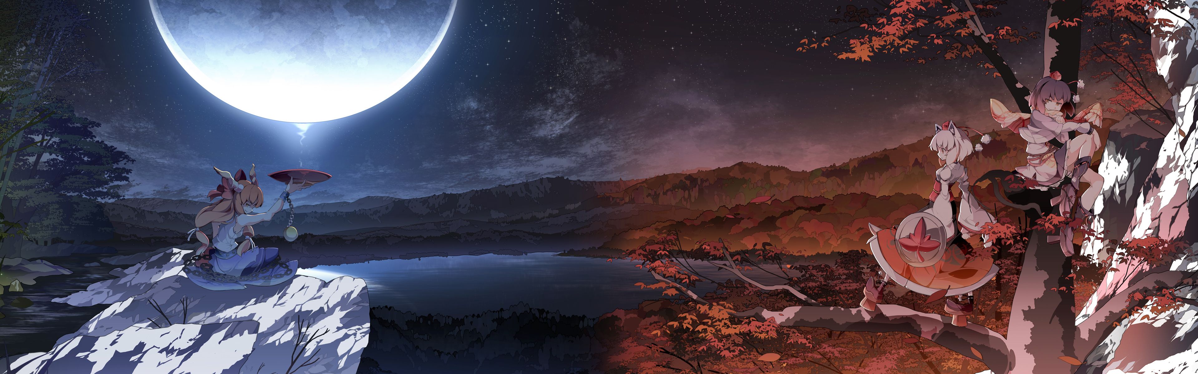 3840x1200 Anime Girls And Moonshine Dual Screen Wallpaperx1200