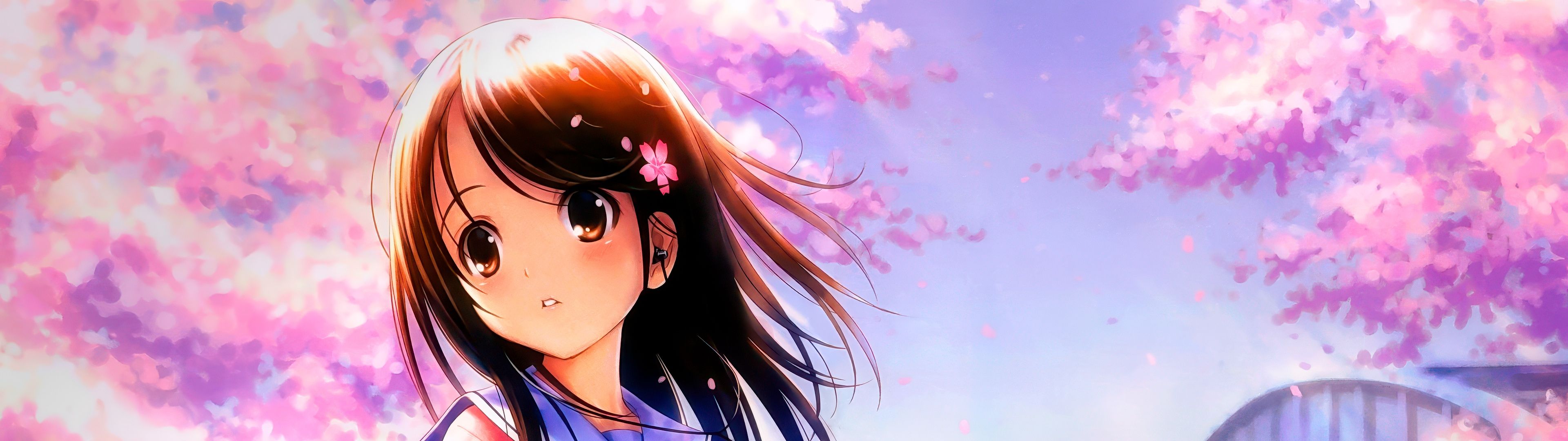 3840x1080 Pretty Wallpaper 4K, Anime girl, Cherry blossom