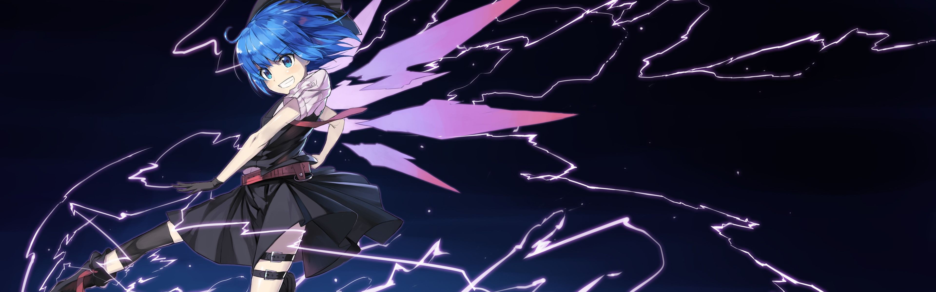 3840x1200 Wallpaper Blue hair anime girl, skirt, lightning 3840x1200 Multi Monitor Panorama Picture, Image