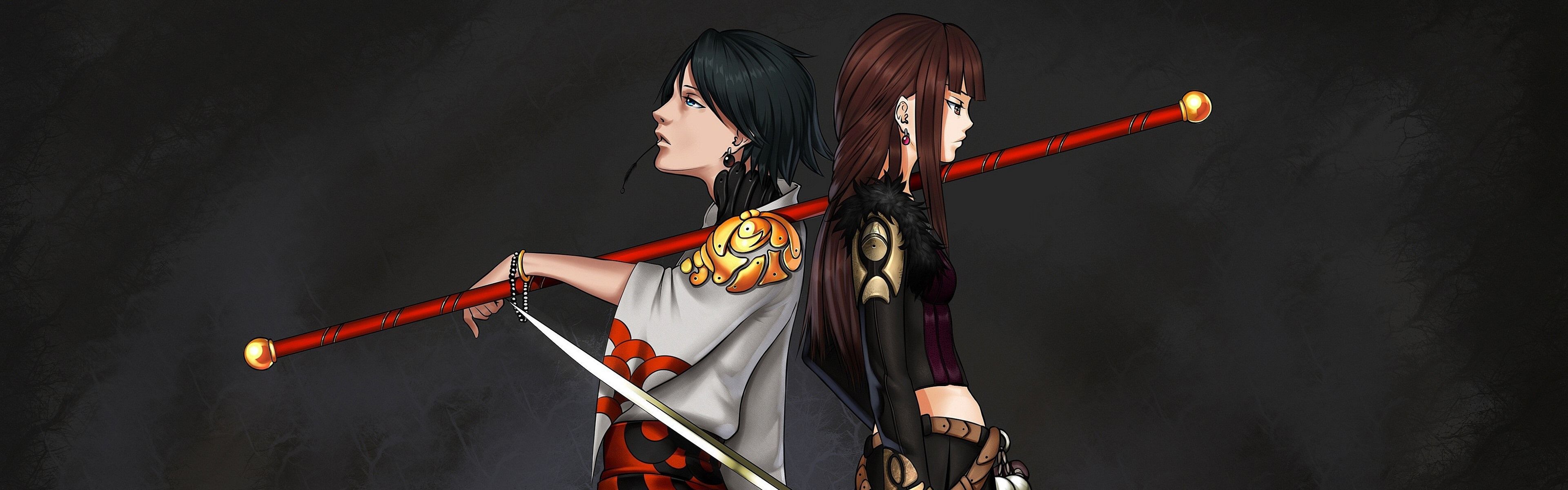 3840x1200 Wallpaper Two anime girls, sword, black background 3840x2160 UHD 4K Picture, Image