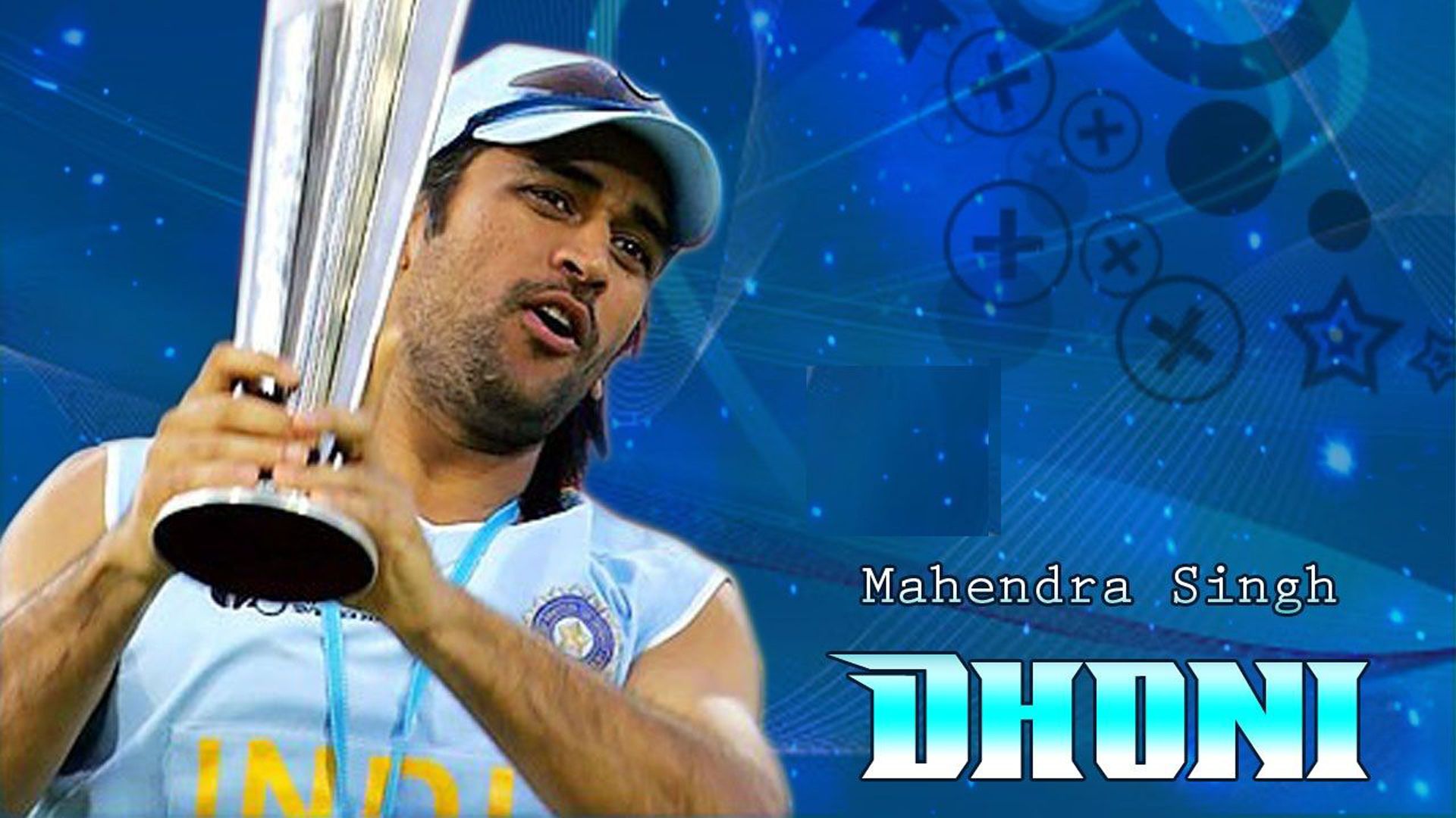 1920x1080 MS Dhoni With Trophy Blue Background HD Dhoni Wallpaper