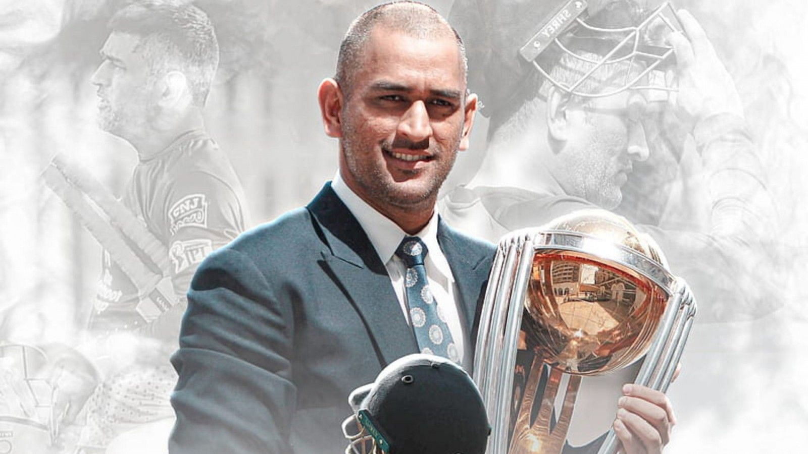 1600x900 MS Dhoni With Cup Smiley Face Helmet Coat Suit Back Image HD Dhoni Wallpaper