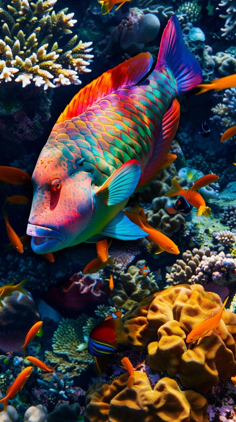 816x1456 Free Colorful Parrotfish Swimming Image, Vibrant, Coral