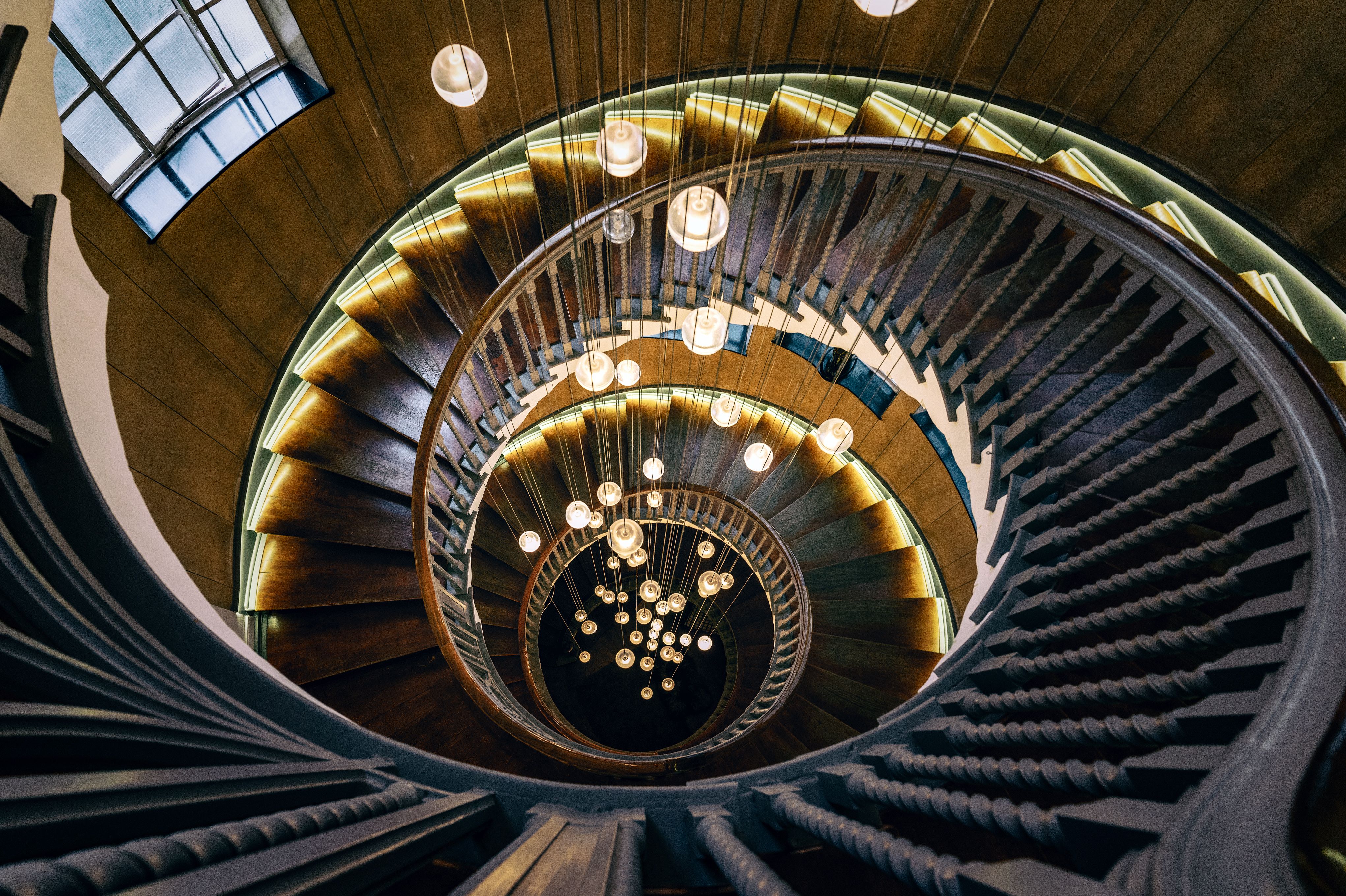 4084x2720 Wooden stairs Wallpaper 4K, Aesthetic, Spiral staircase