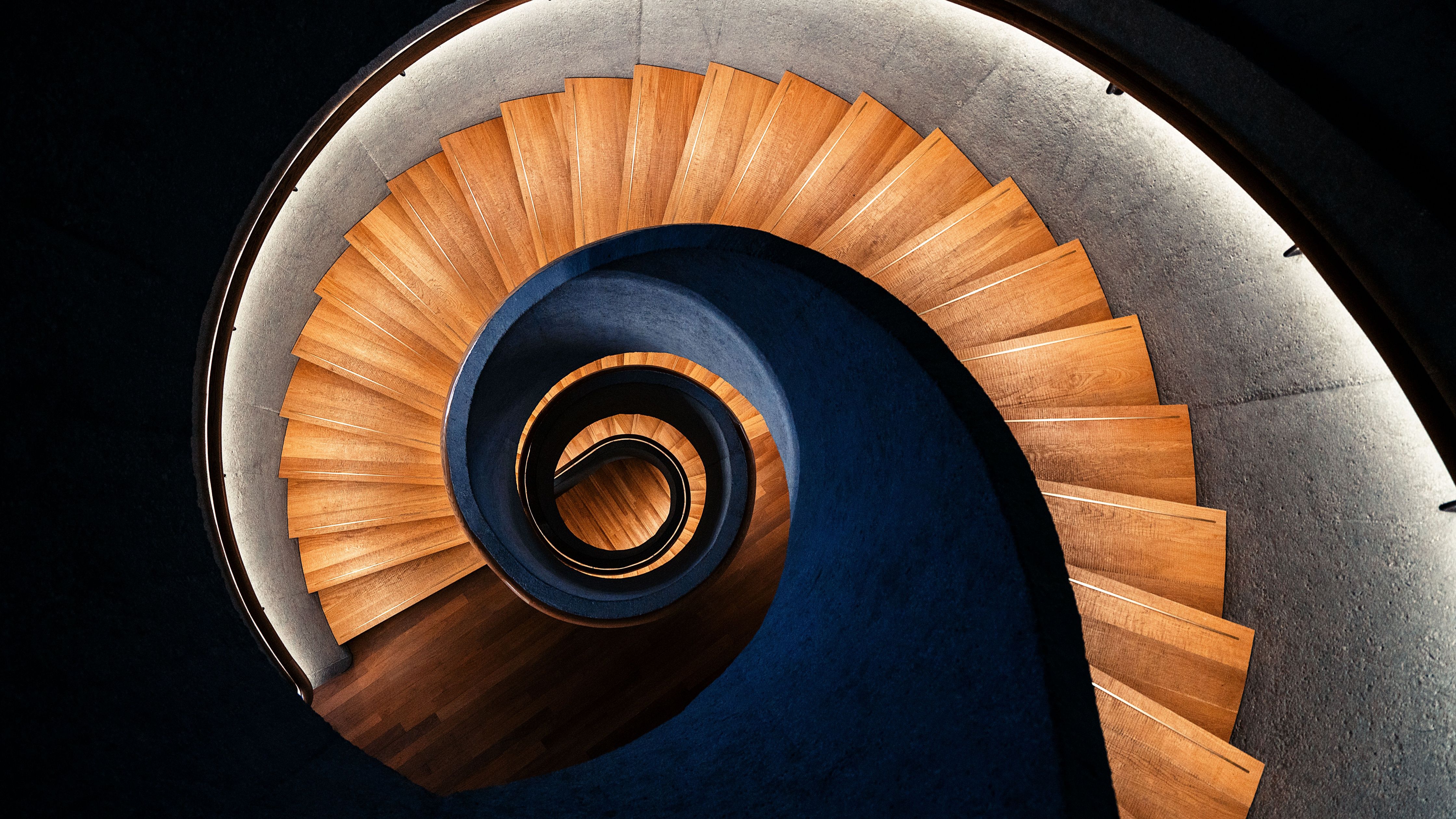 4480x2520 Wooden stairs Wallpaper 4K, Spiral staircase, Swirling Vortex