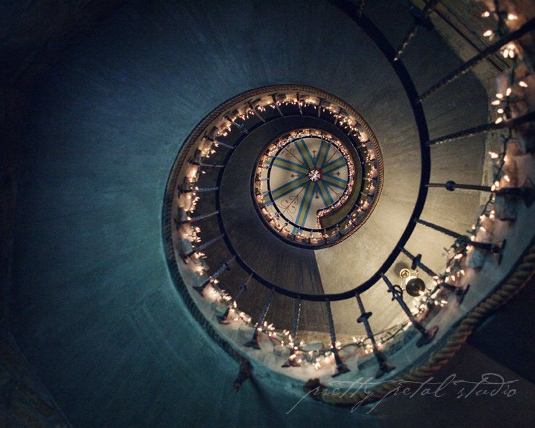 1080x864 Spiral Staircase Art Print: Moody Blue Architecture Photography