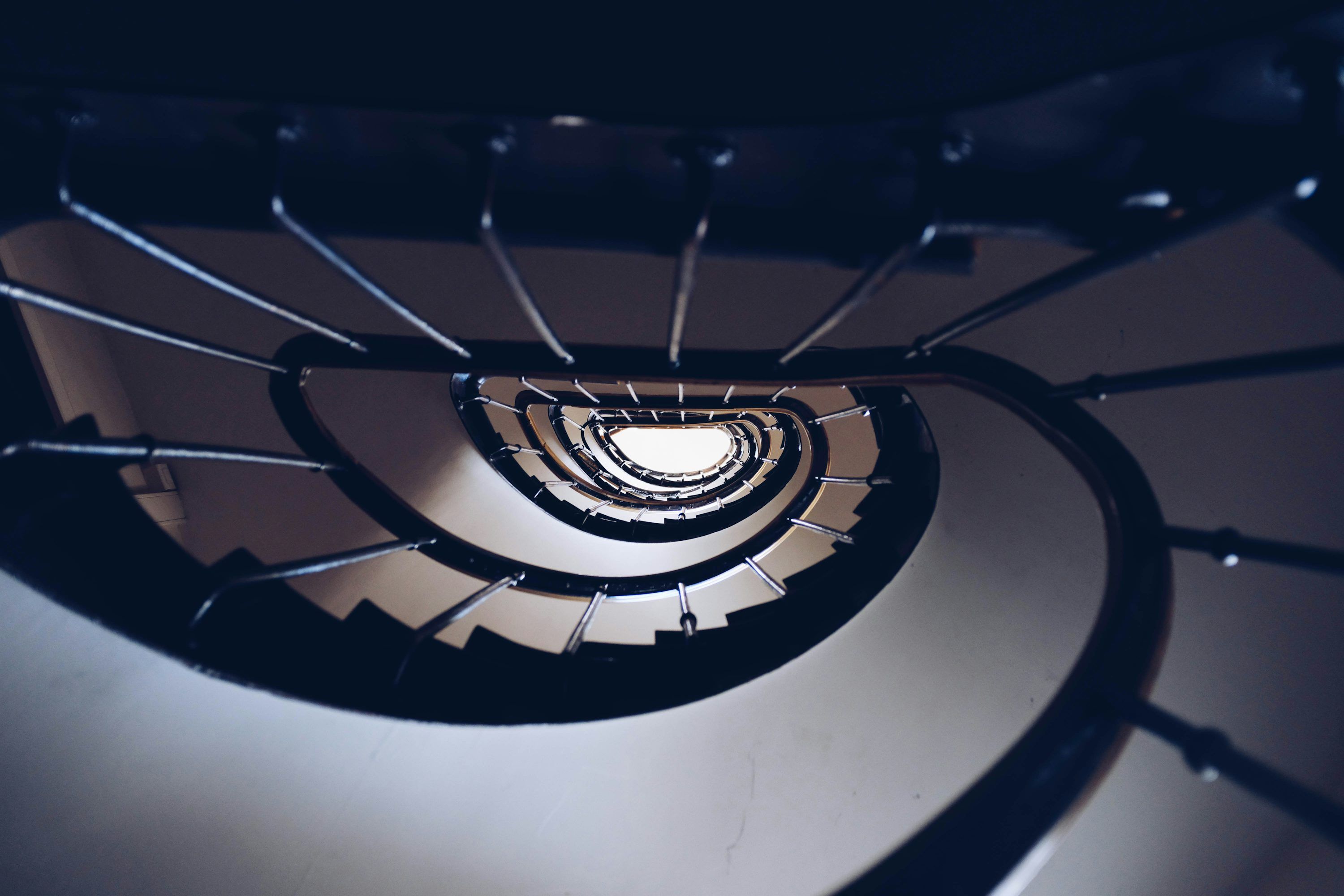 3000x2000 A view of a spiral staircase from the bottom photo
