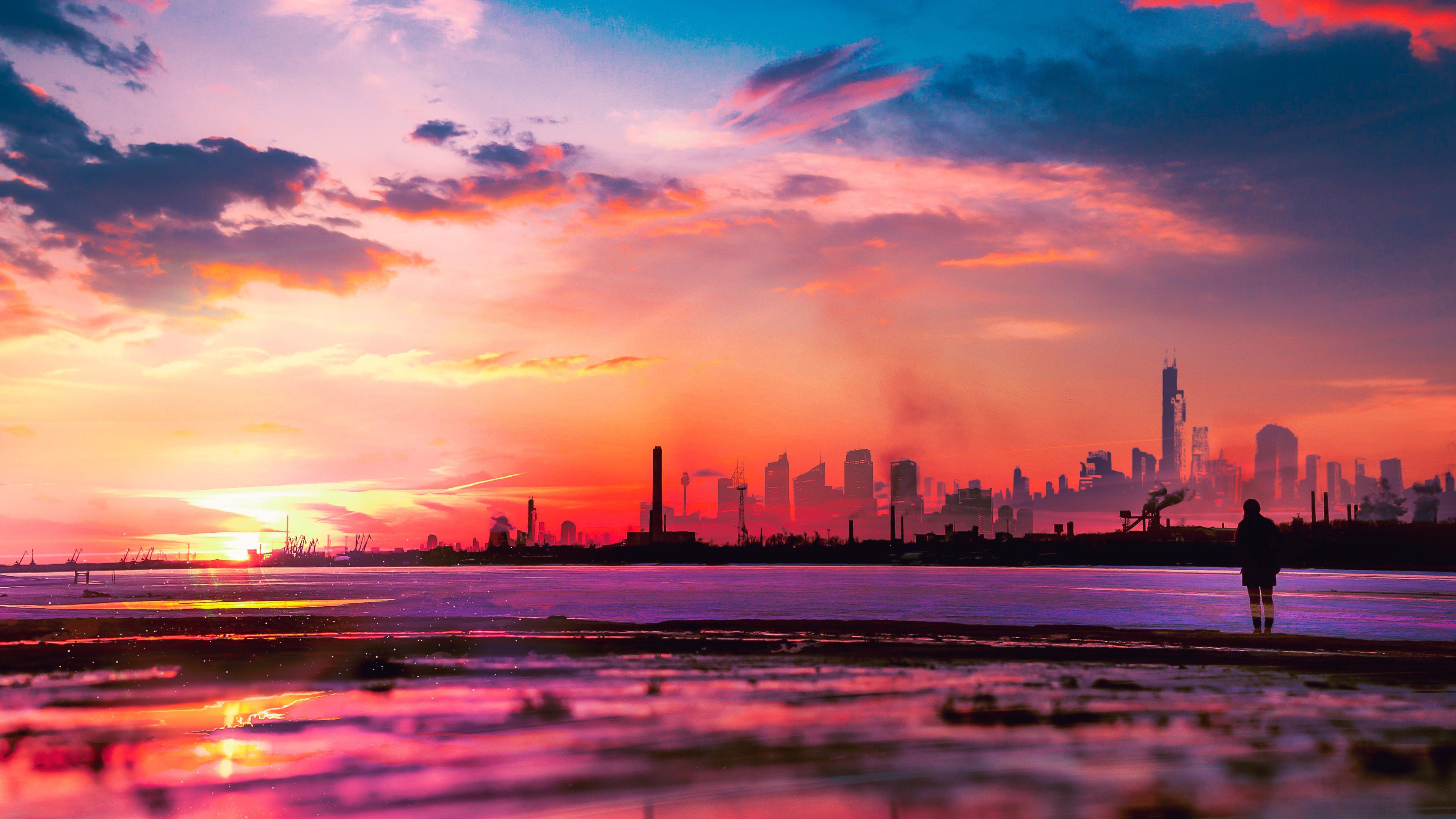 3840x2160 4K Ultra HD Artistic Cityscape at Sunset Sky