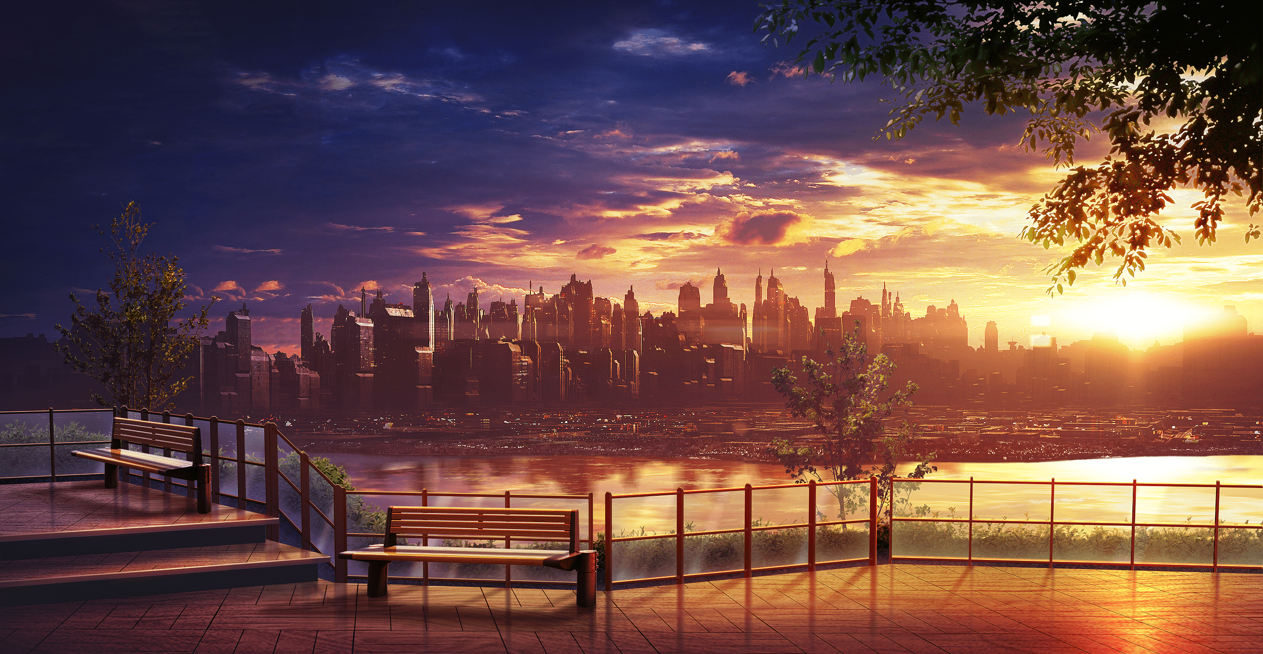 2600x1348 Anime City Sunset Wallpaper