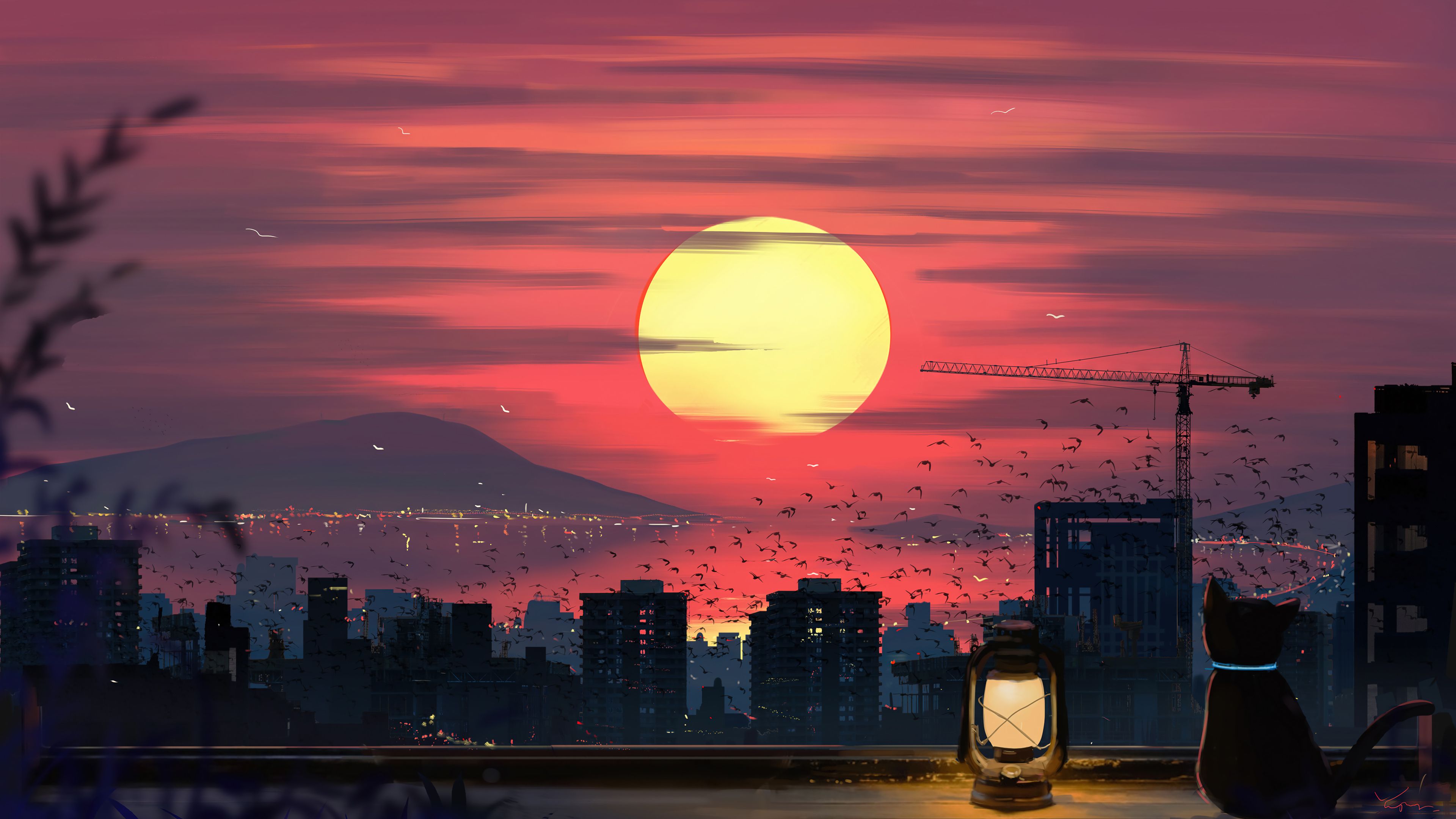 3840x2160 Cat Sunset City Scenery Anime Art Wallpaper 4K HD PC i