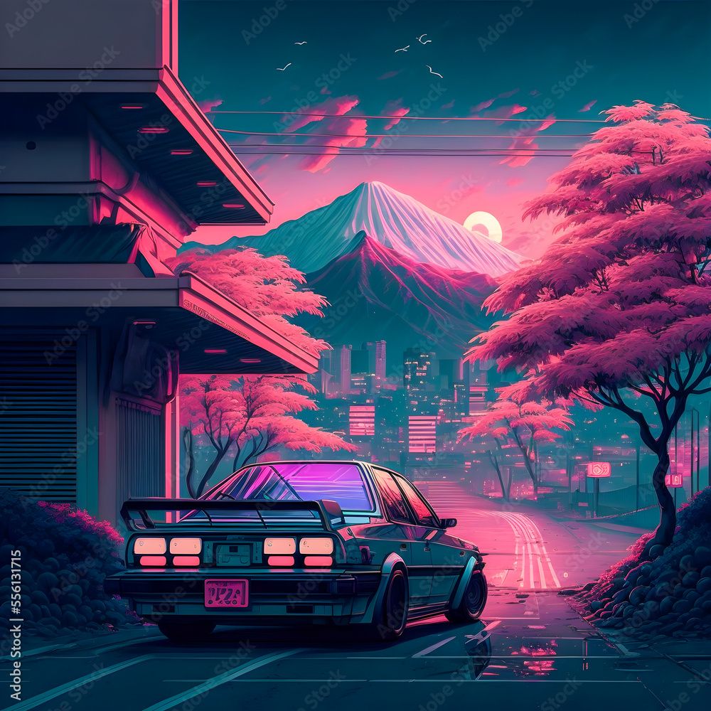 1000x1000 Poster, Print Hand drawn synthwave Japan illustration Generative AI, 40x40 cm