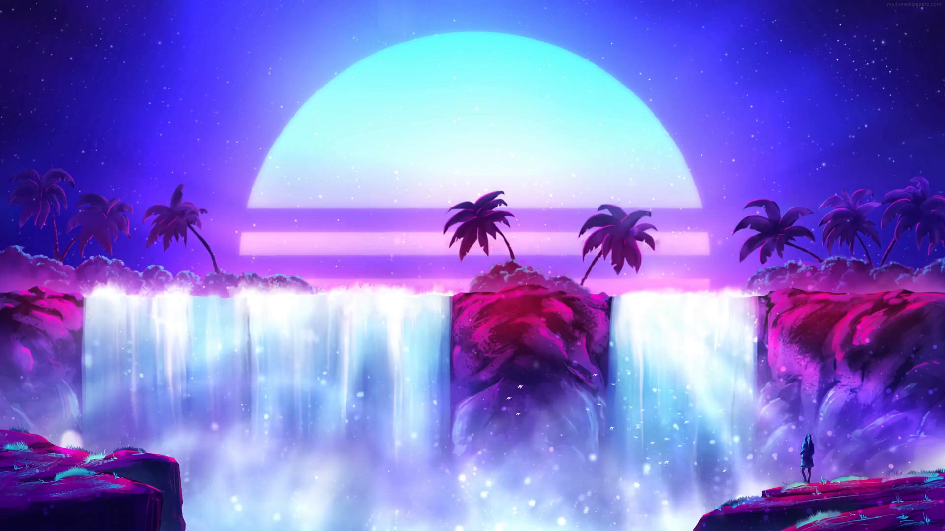 1920x1080 Synthwave Waterfall and Palm Live Wallpaper